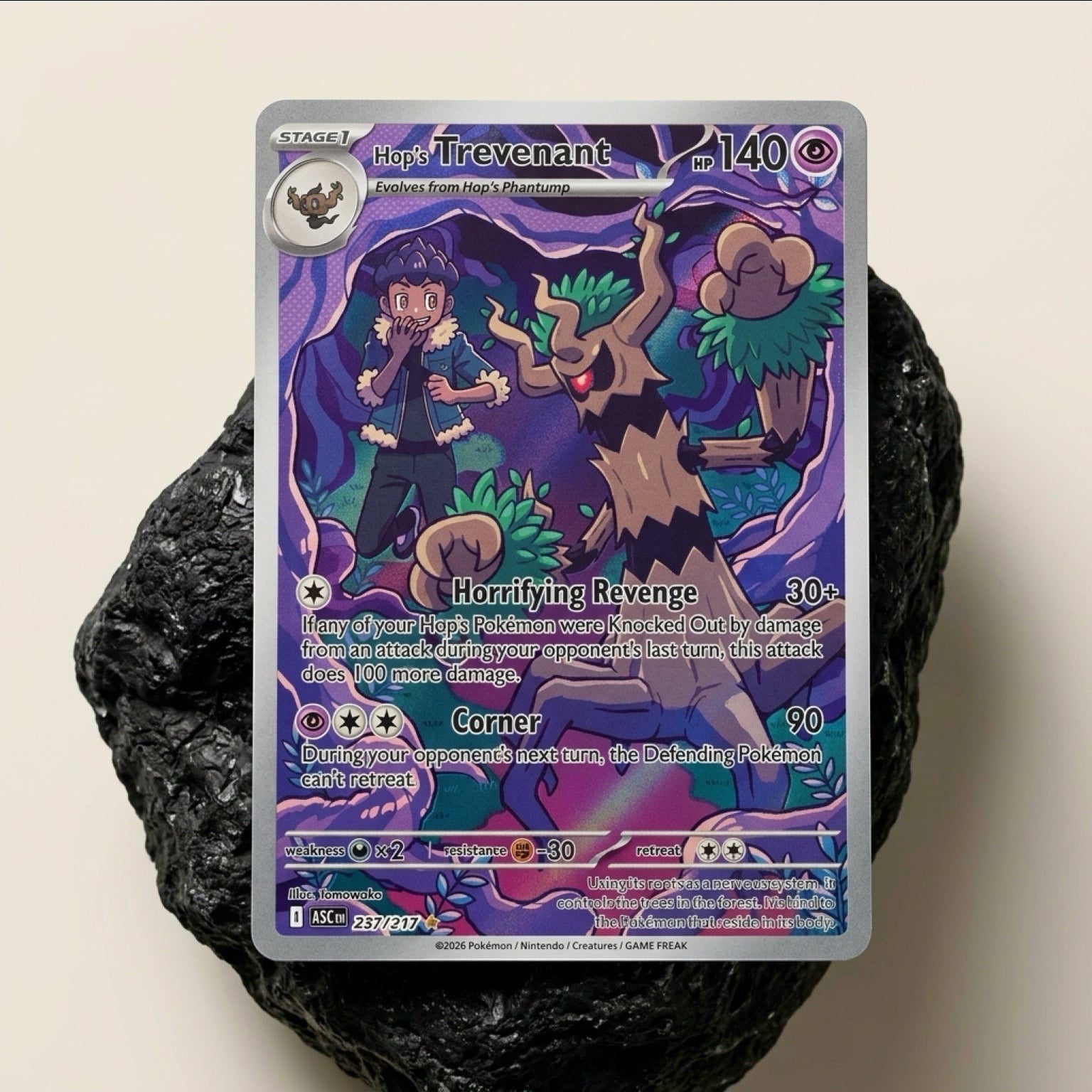 Chévereh Hop’s Trevenant 237/217 Illustration Rare Pokémon card featuring full-art artwork of Trevenant and Hop.
