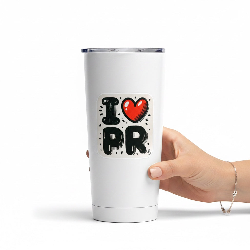 Chévereh Sticker: I Love PR vinyl sticker with a red heart and bold black lettering on a white background.