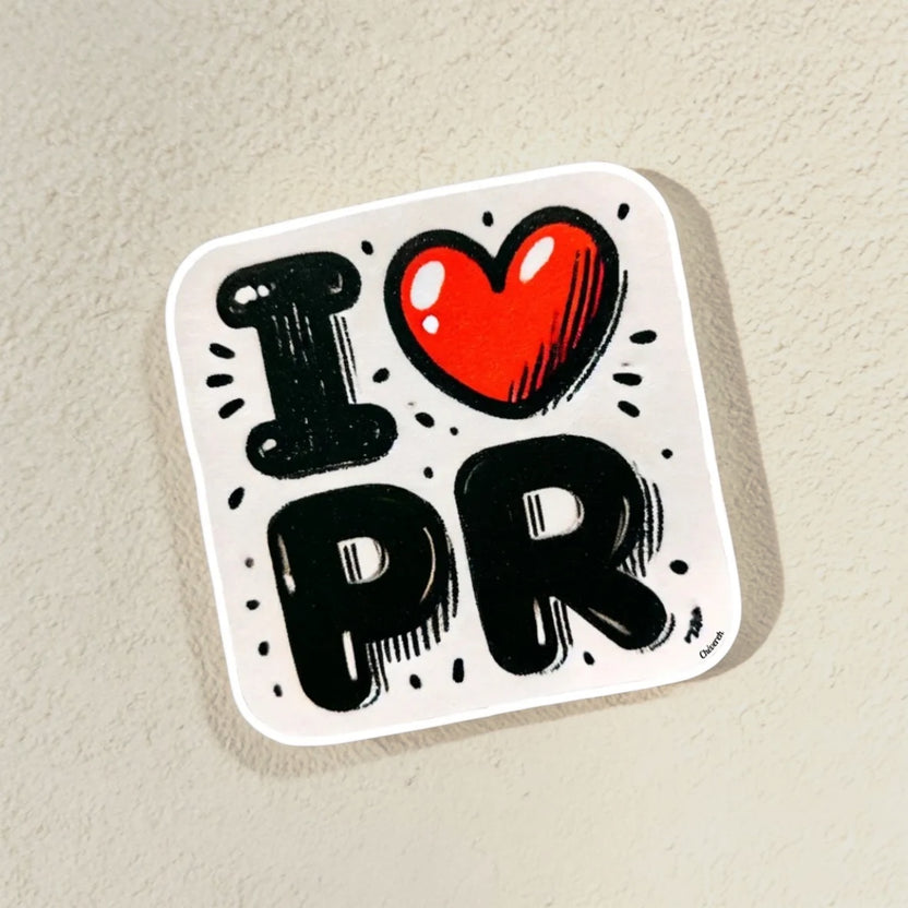 Chévereh I Love PR vinyl sticker with a red heart and black lettering. Waterproof and glossy finish.