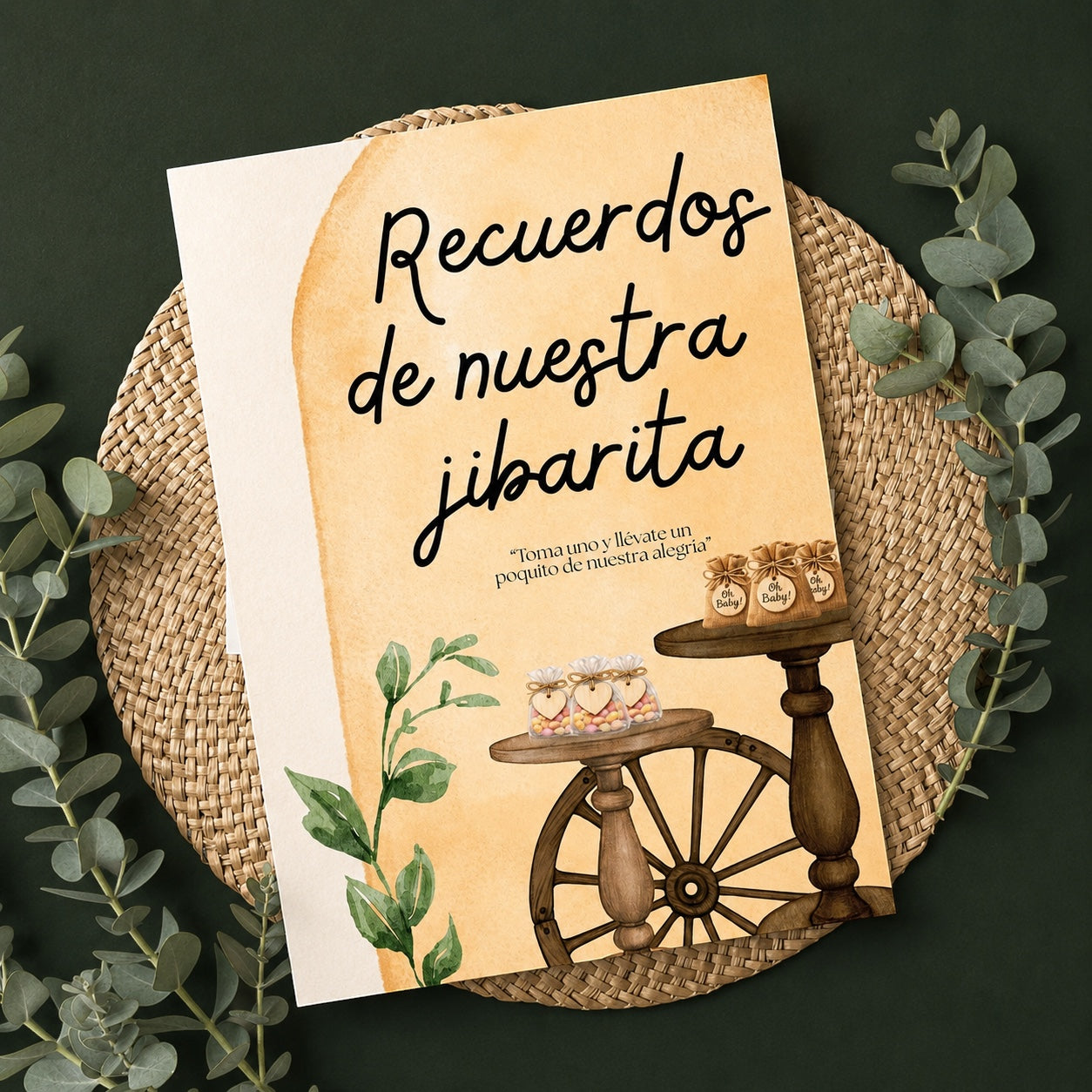 Chévereh Una Pequeña Jibarita baby shower digital bundle with neutral watercolor design, greenery, and rustic elements.