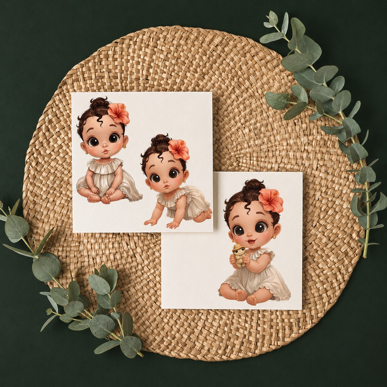 Chévereh Una Pequeña Jibarita baby shower digital bundle features cute illustrations of babies in neutral outfits with coral flowers in their hair.