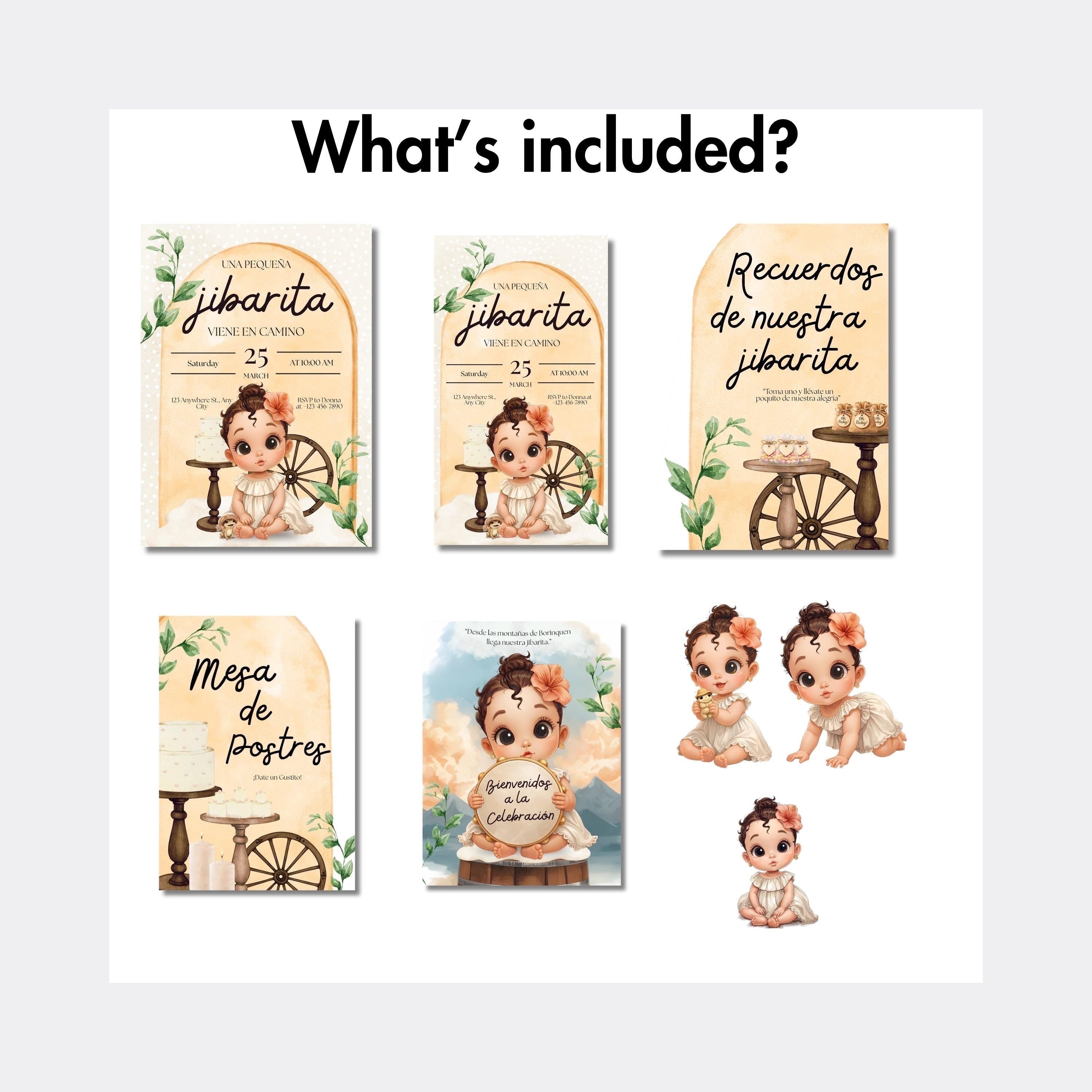 Chévereh Una Pequeña Jibarita digital bundle: invitations, welcome sign, favors sign, dessert sign, clipart. Neutral colors, greenery, baby illustration.