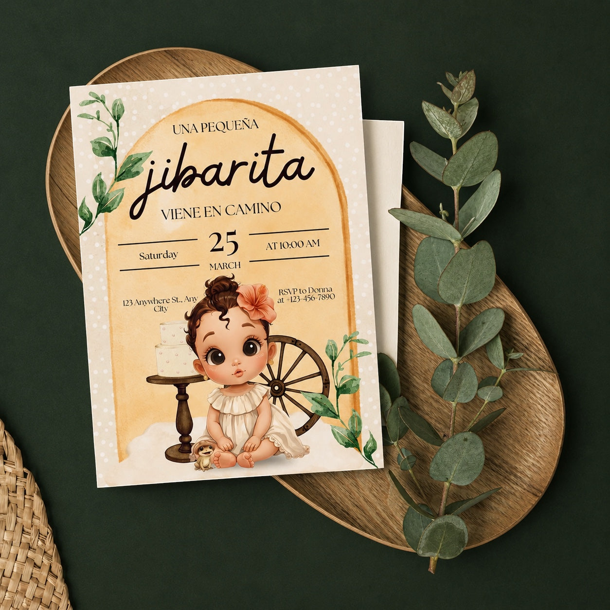 Chévereh Una Pequeña Jibarita baby shower invitation with neutral colors, greenery, and a cute baby illustration.