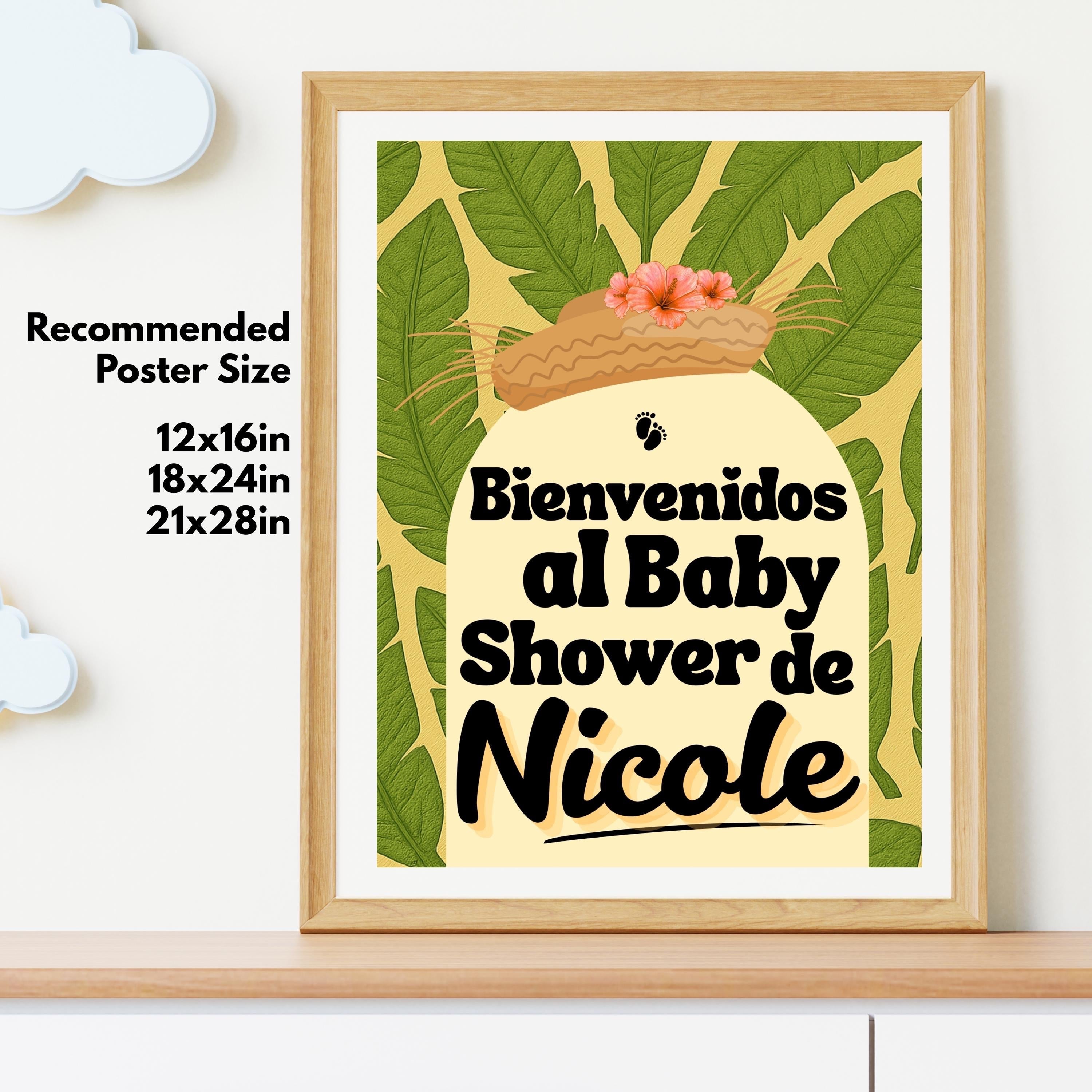 Chévereh "Nuestra Jibarita" baby shower welcome poster with tropical leaves, a straw hat, and flowers. Reads "Bienvenidos al Baby Shower de Nicole."