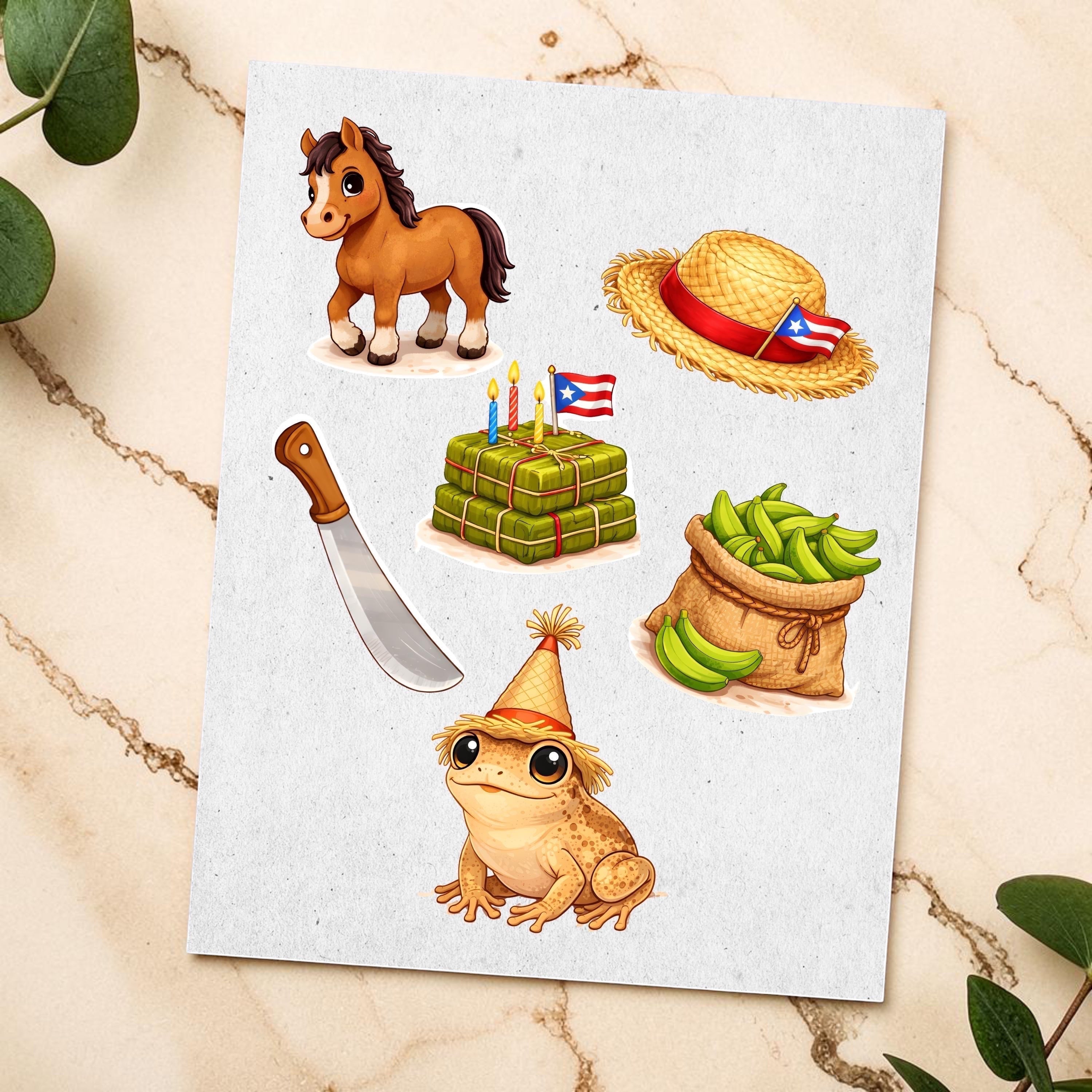 Chévereh Jibarita birthday digital clipart set featuring a horse, straw hat, pasteles, machete, plantains, and frog.