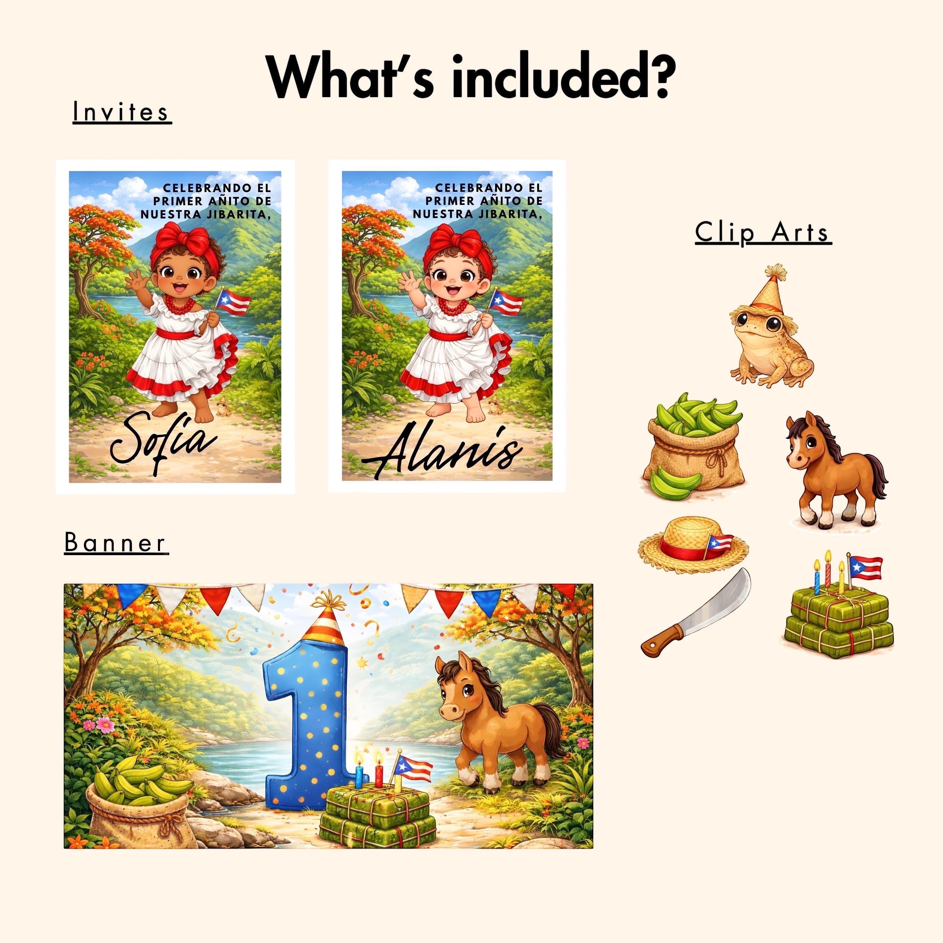 Chévereh Jibarita 1st birthday digital invitation bundle featuring tropical illustrations, Puerto Rican flag, and clip art