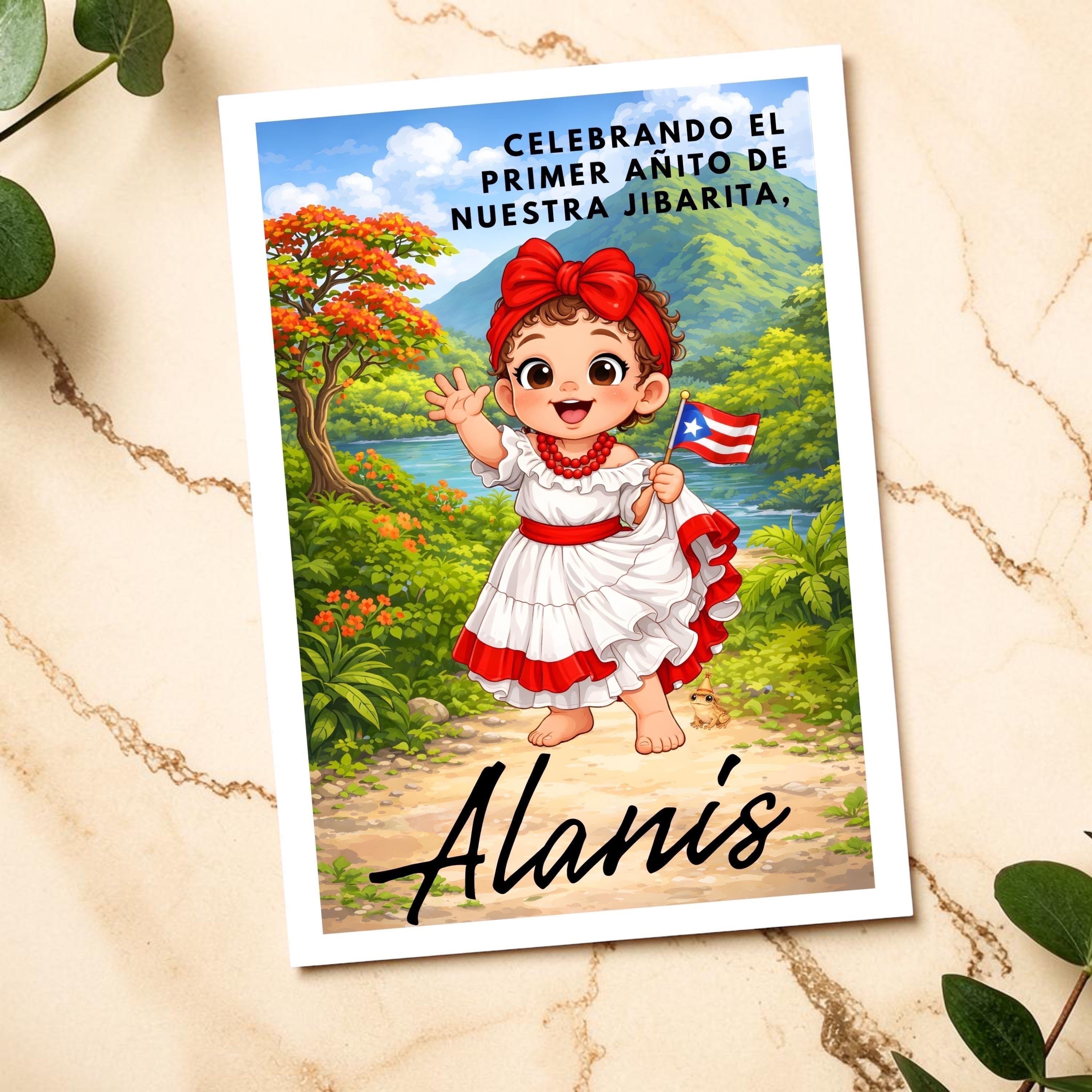 Chévereh Jibarita themed first birthday digital invitation featuring a girl in traditional Puerto Rican attire.