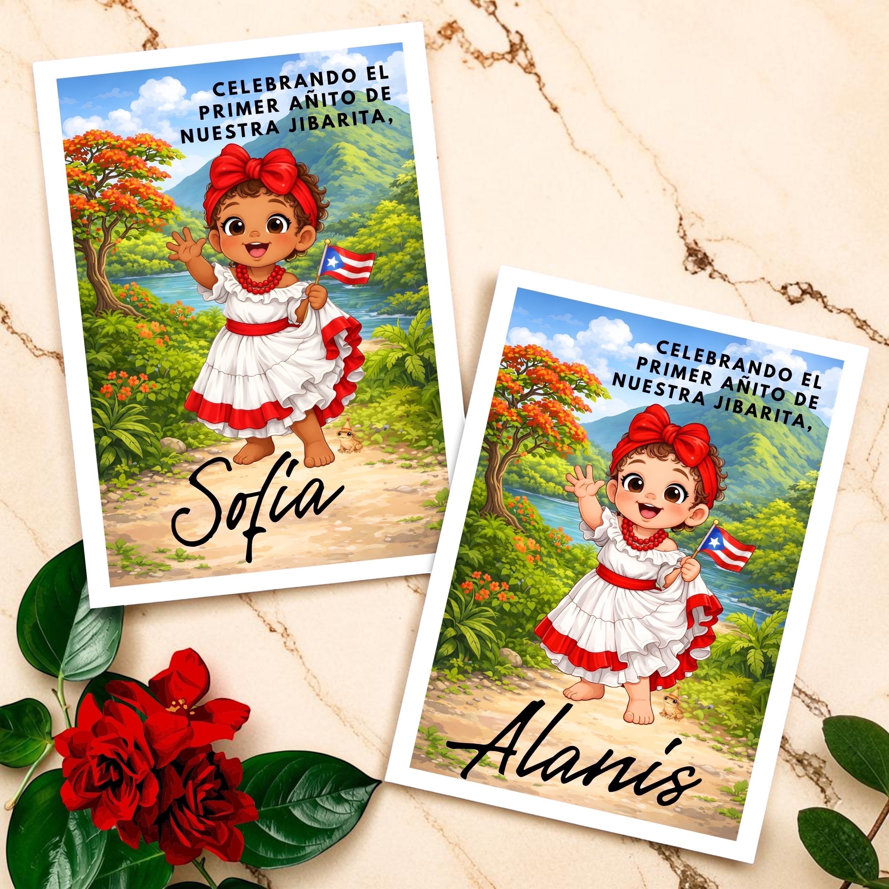 Chévereh Jibarita themed first birthday digital invitation featuring a girl in traditional Puerto Rican attire.