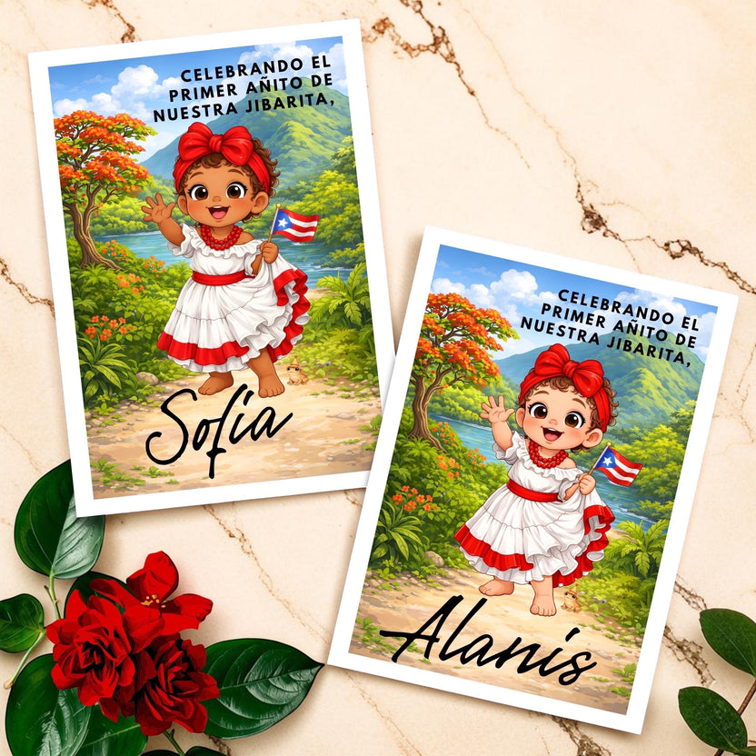 Chévereh Jibarita themed first birthday digital invitation featuring a girl in traditional Puerto Rican attire.