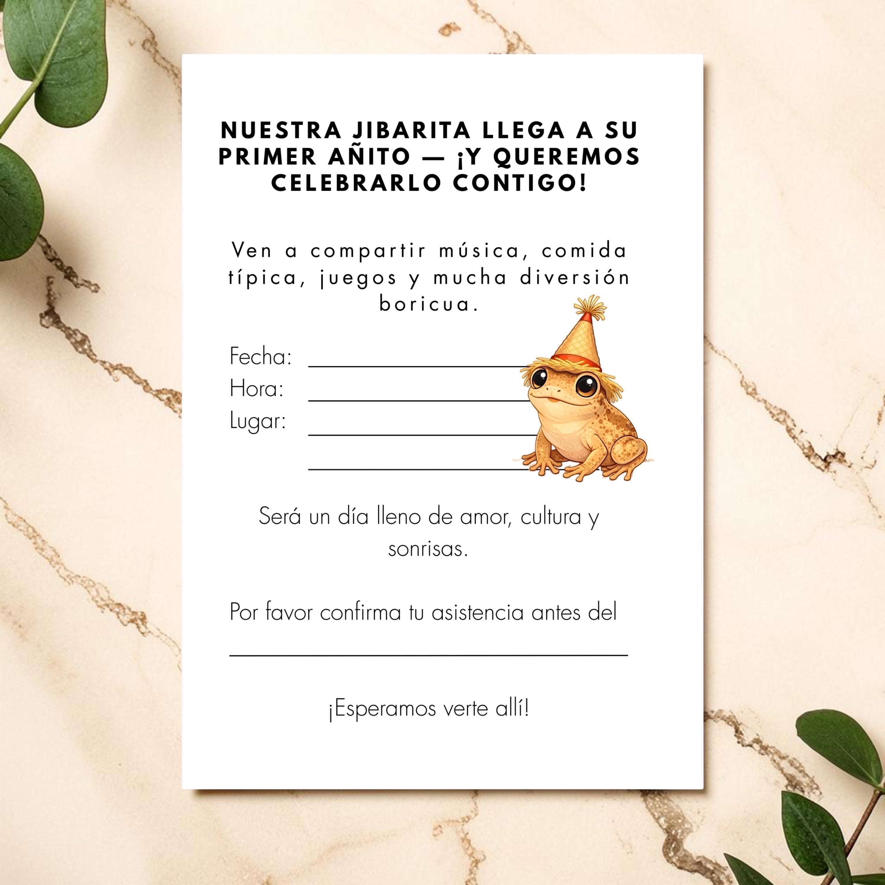 Chévereh Jibarita first birthday invitation featuring a cute coqui frog in a party hat on a white background
