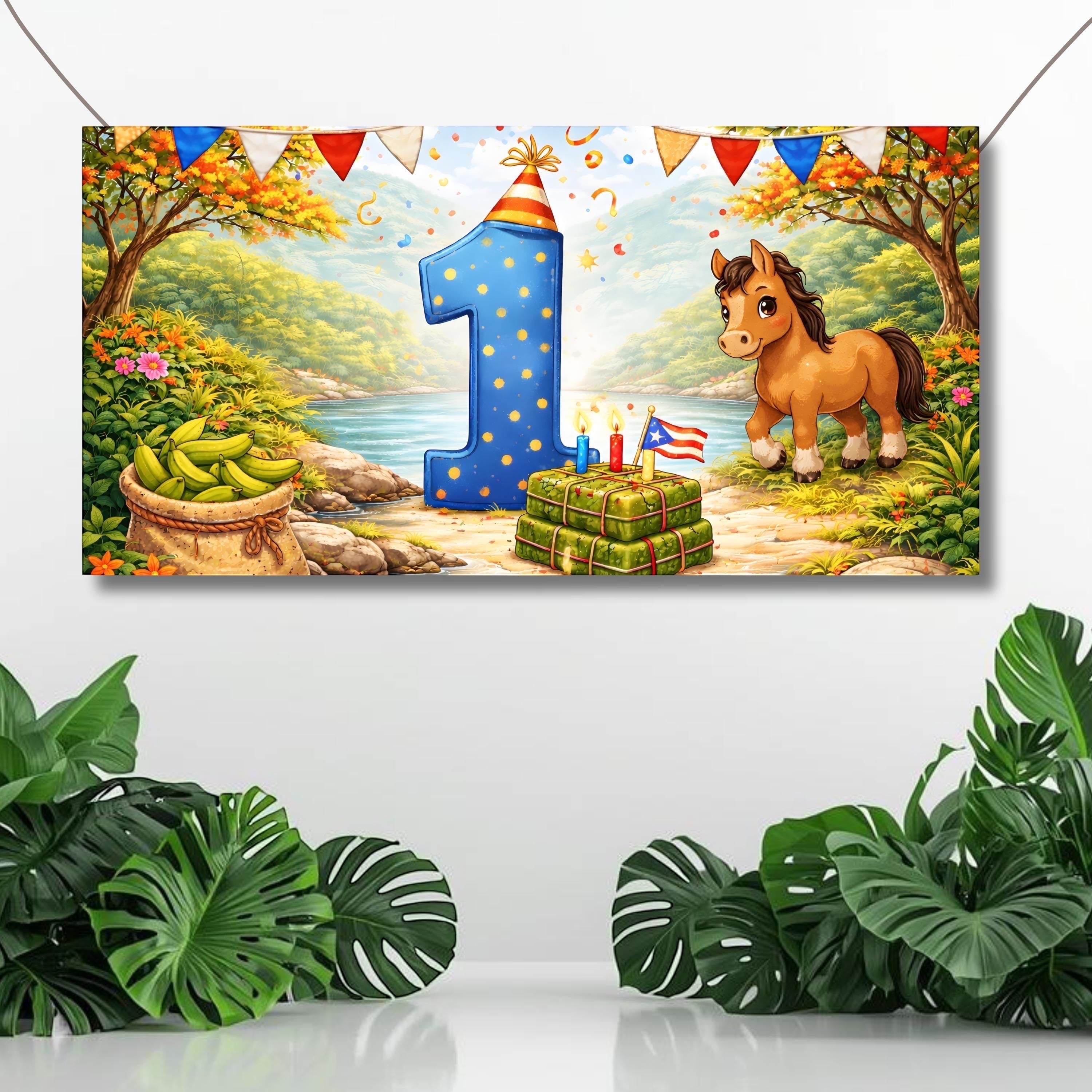 Chévereh Jibarita themed 1st birthday digital invitation featuring a tropical landscape, a blue number one, and a pony.