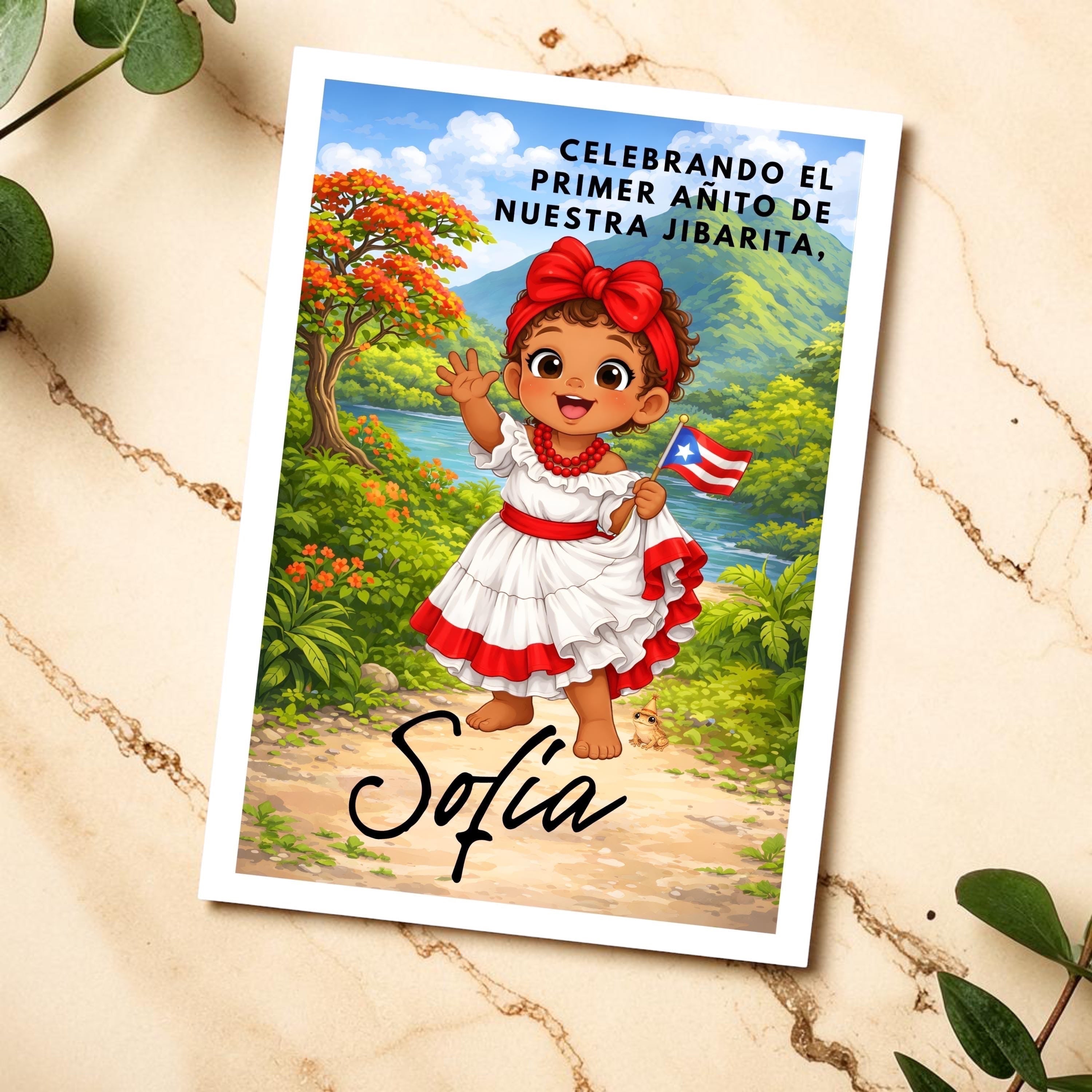 Chévereh Jibarita first birthday invitation featuring a girl in traditional Puerto Rican dress in a tropical landscape.