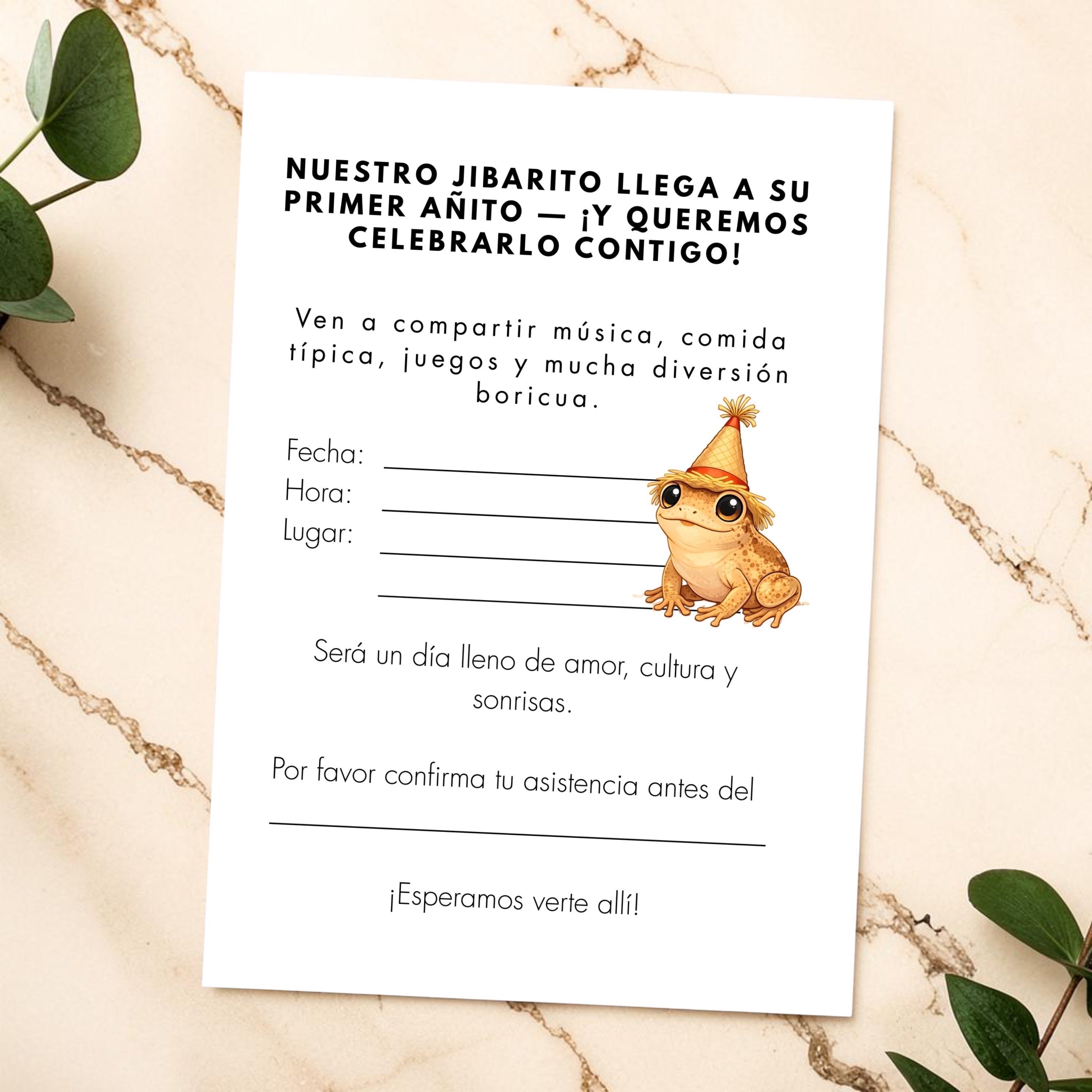 Chévereh Jibarito 1st birthday invitation with a cute frog wearing a party hat. Digital PNG file for a Puerto Rican-themed celebration.