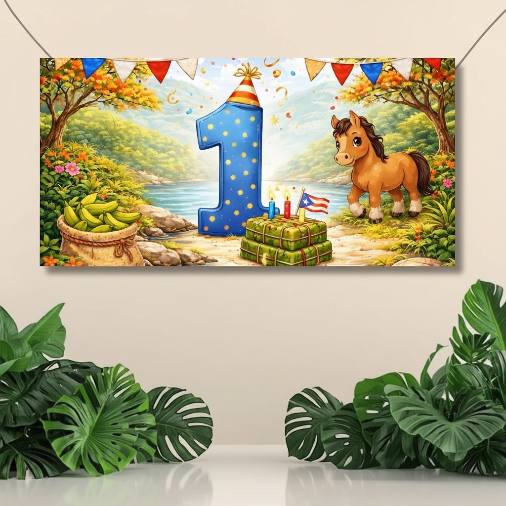 Chévereh Digital Jibarito 1st birthday invitation with a blue number 1, a horse, and Puerto Rican flag.