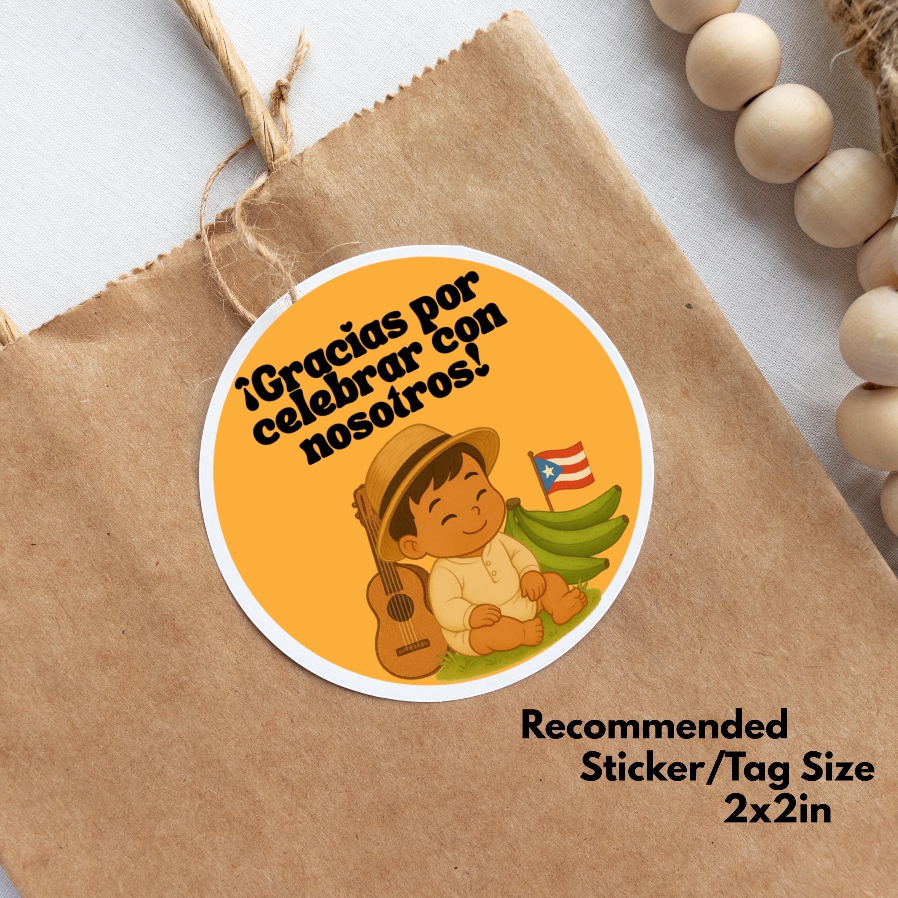 Chévereh "Nuestro Jibarito" baby shower sticker with a baby wearing a straw hat, holding a guitar, with bananas and Puerto Rican flag.