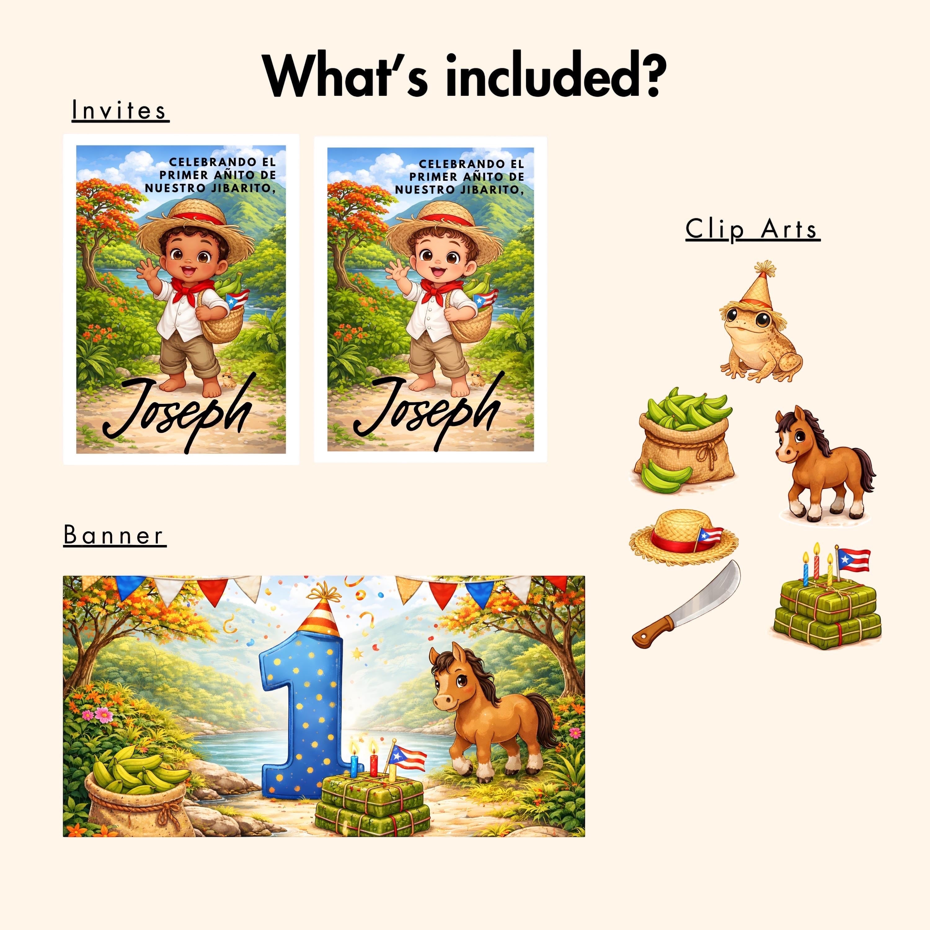 Chévereh Jibarito 1st birthday invitation bundle with a boy in traditional attire, tropical background, and party elements.
