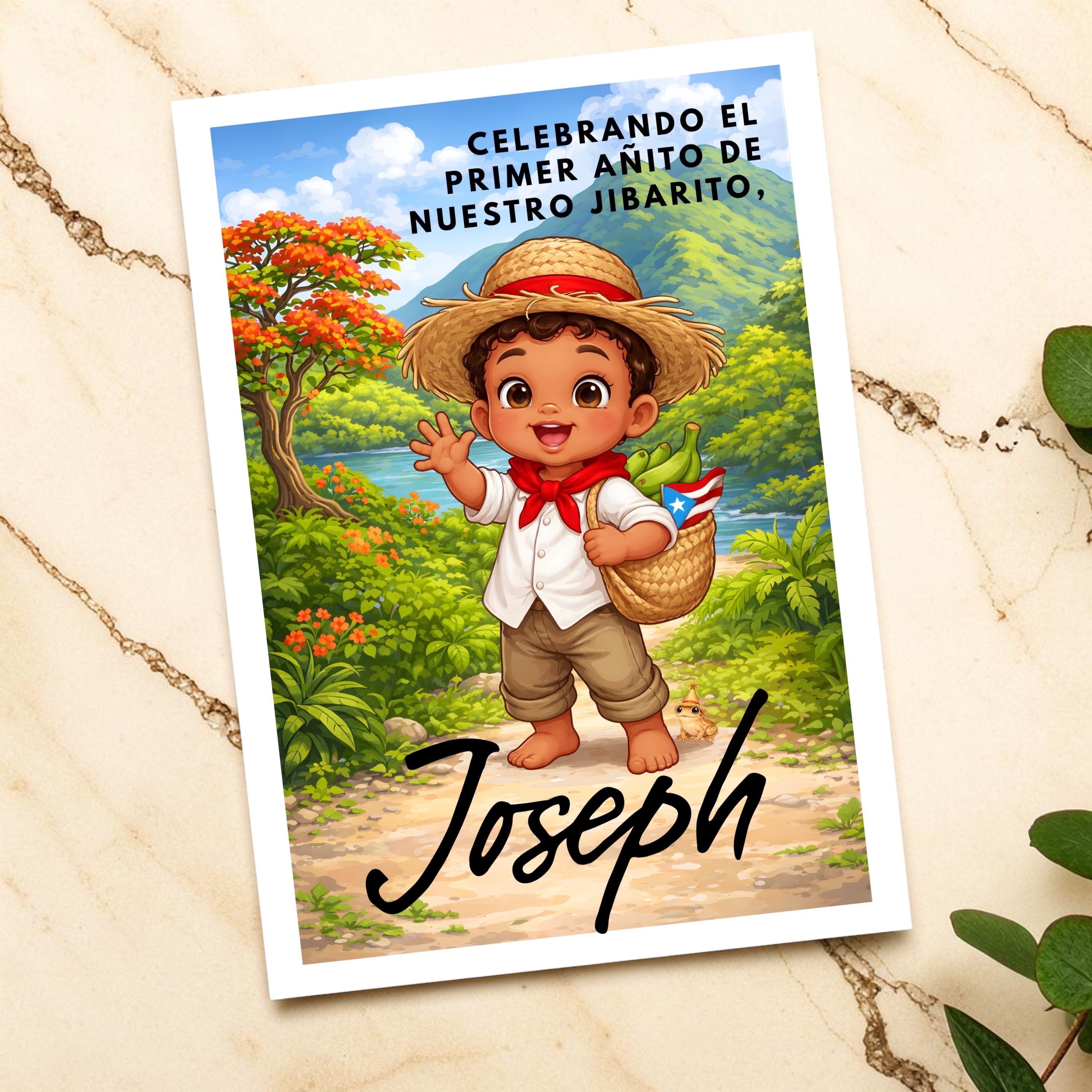 Chévereh 1st birthday invitation featuring a cartoon boy in traditional attire holding a basket with plantains and a Puerto Rican flag.