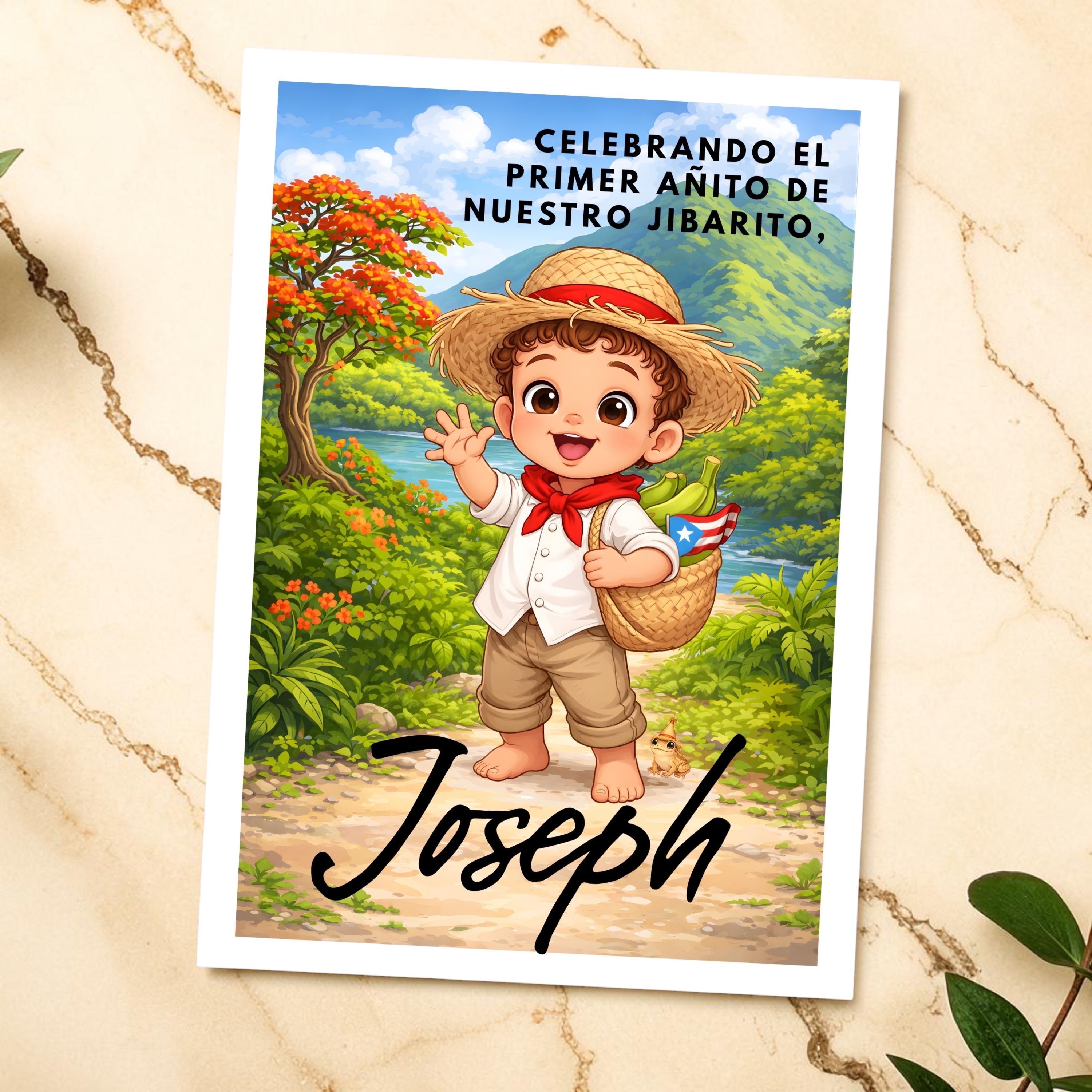 Chévereh Digital Jibarito 1st birthday invitation featuring a cute boy in traditional attire, straw hat, and basket with bananas and Puerto Rican flag.