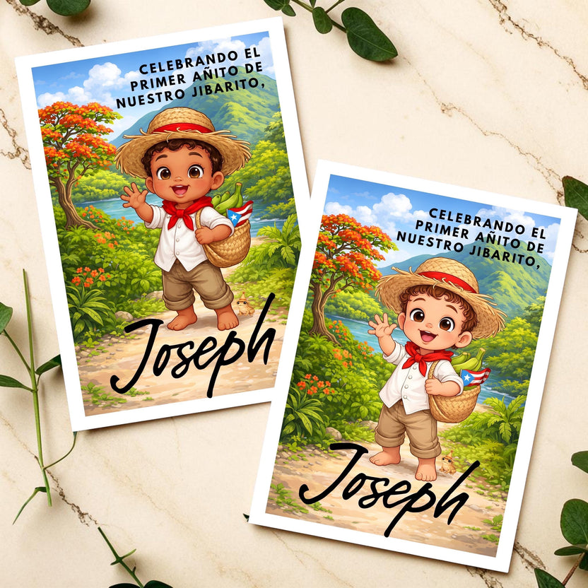 Chévereh Digital Jibarito 1st birthday invitation with a cute boy in traditional attire, straw hat, and basket with plantains and Puerto Rican flag.
