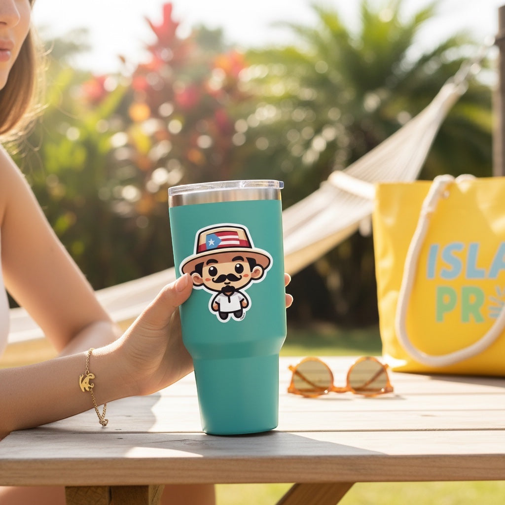 Chévereh Traditional Jibarito vinyl sticker with Puerto Rican flag hat on a teal tumbler.