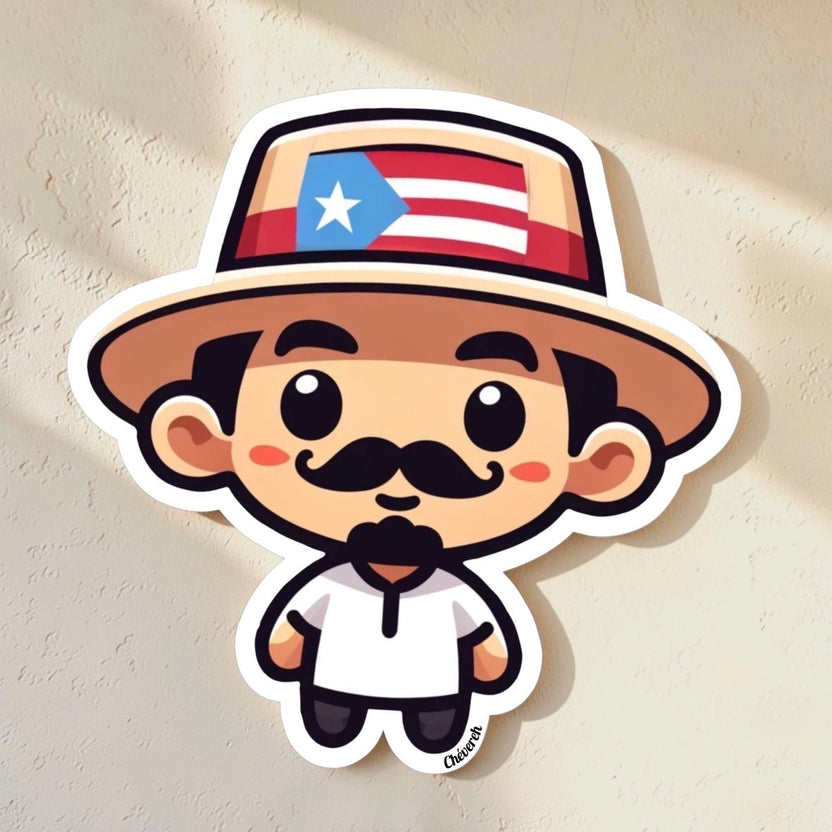 Chévereh Traditional Jibarito vinyl sticker with Puerto Rican flag hat, white guayabera shirt, mustache, and goatee.
