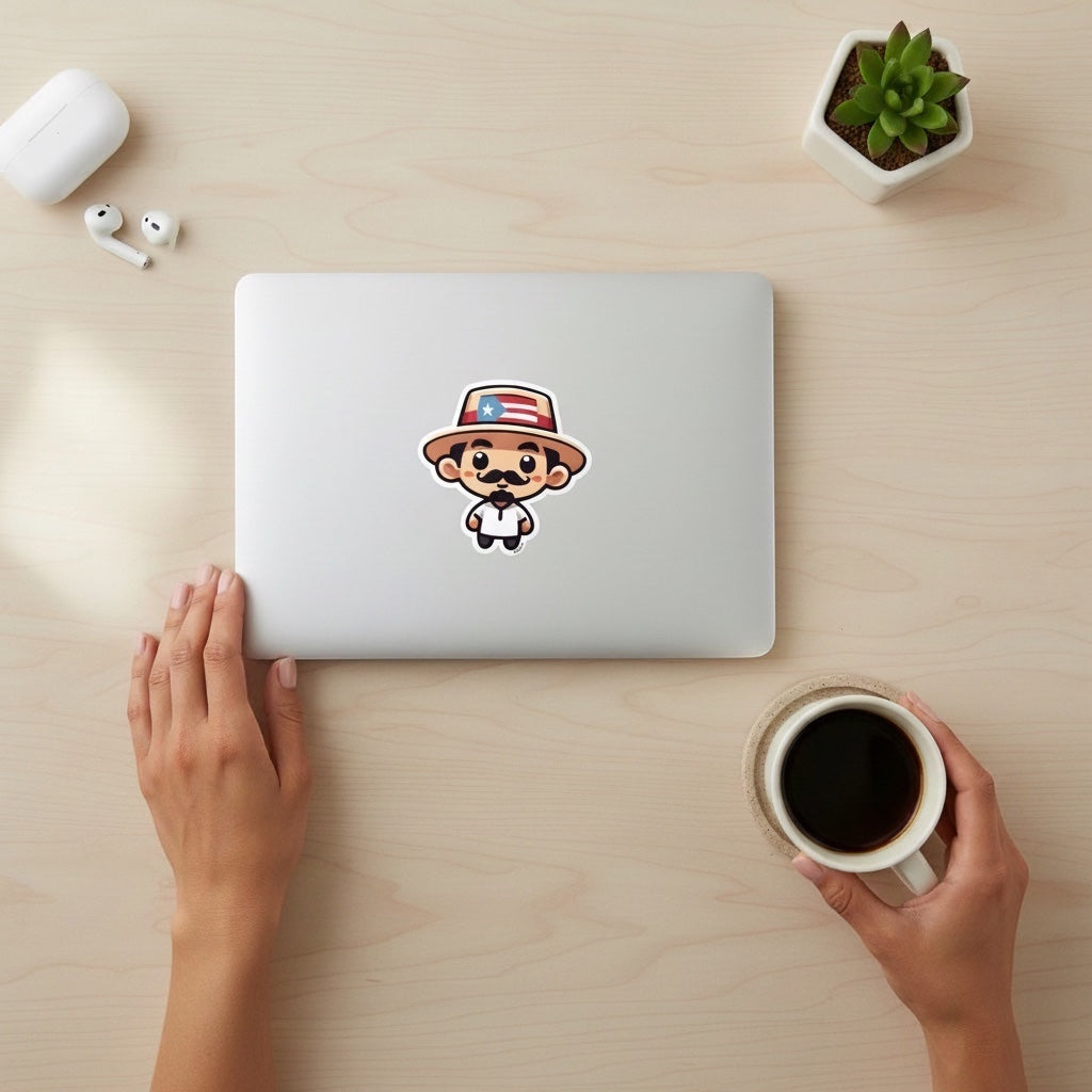 Chévereh Jibarito sticker featuring a cartoon figure in traditional Puerto Rican attire with a flag hat. Waterproof vinyl.
