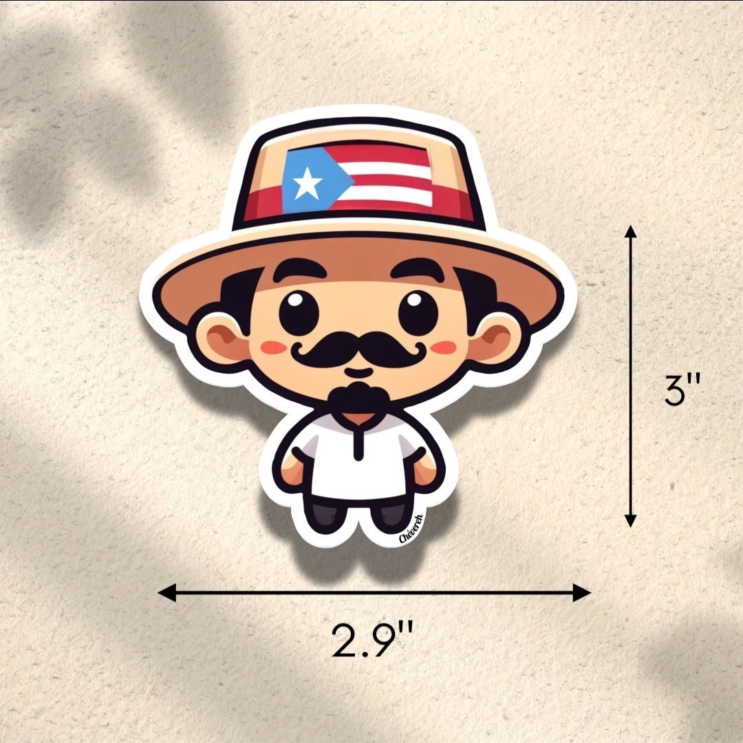 Chévereh Traditional Jibarito vinyl sticker with Puerto Rican flag hat, white guayabera shirt, and mustache. Waterproof, glossy finish.