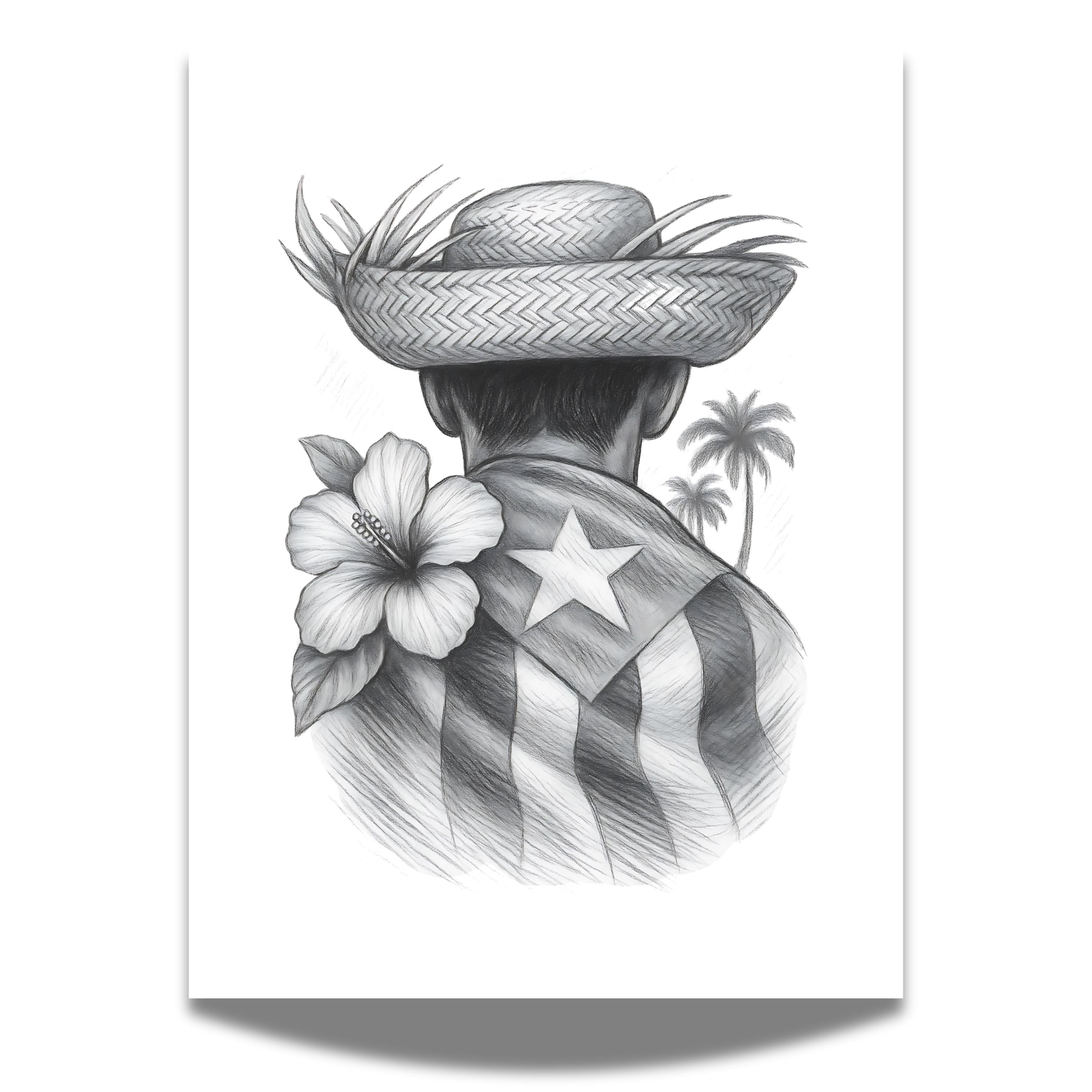 Chévereh black and white art print of a Jíbaro wearing a straw hat, Puerto Rican flag, hibiscus, and palm trees.