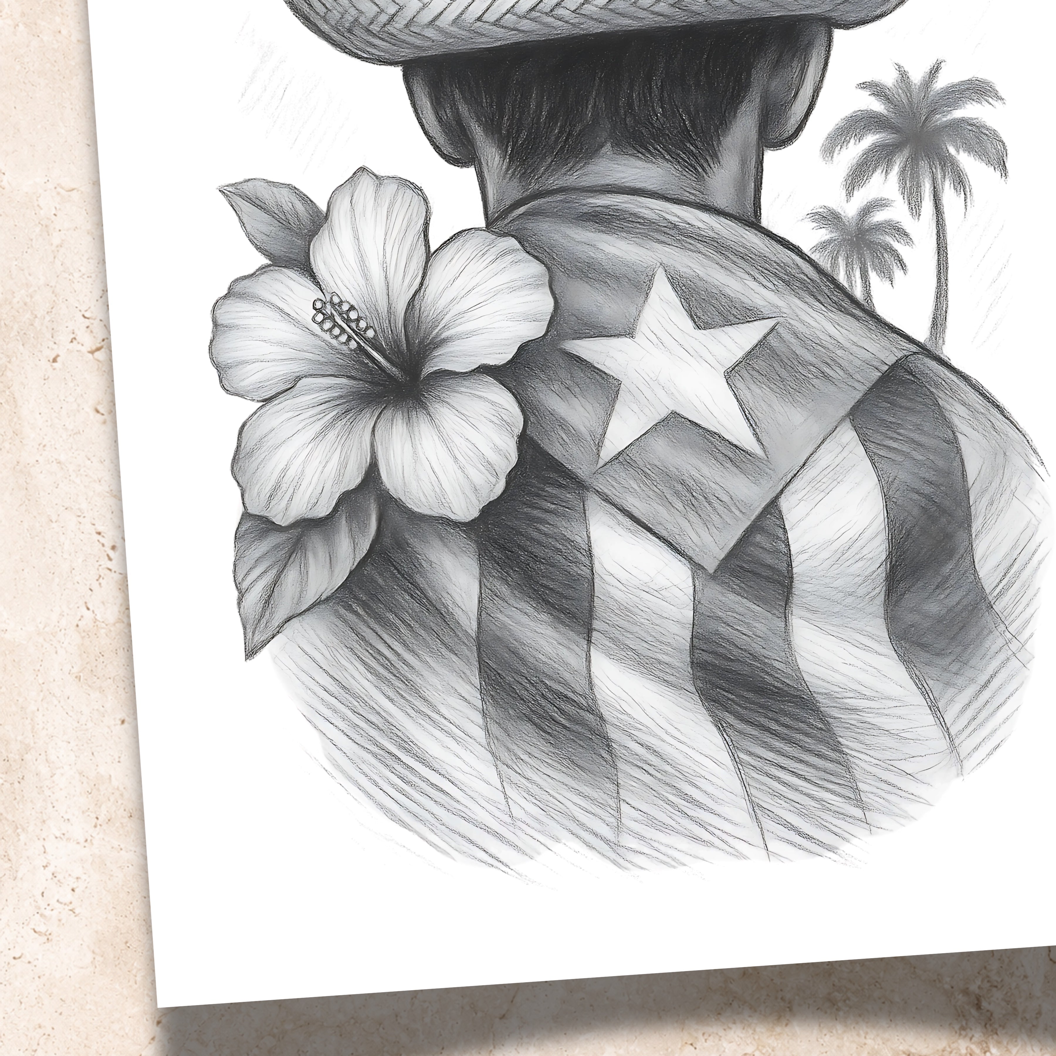 Chévereh black and white art print of a Jíbaro wearing a Puerto Rican flag cape, straw hat, hibiscus, and palm trees.