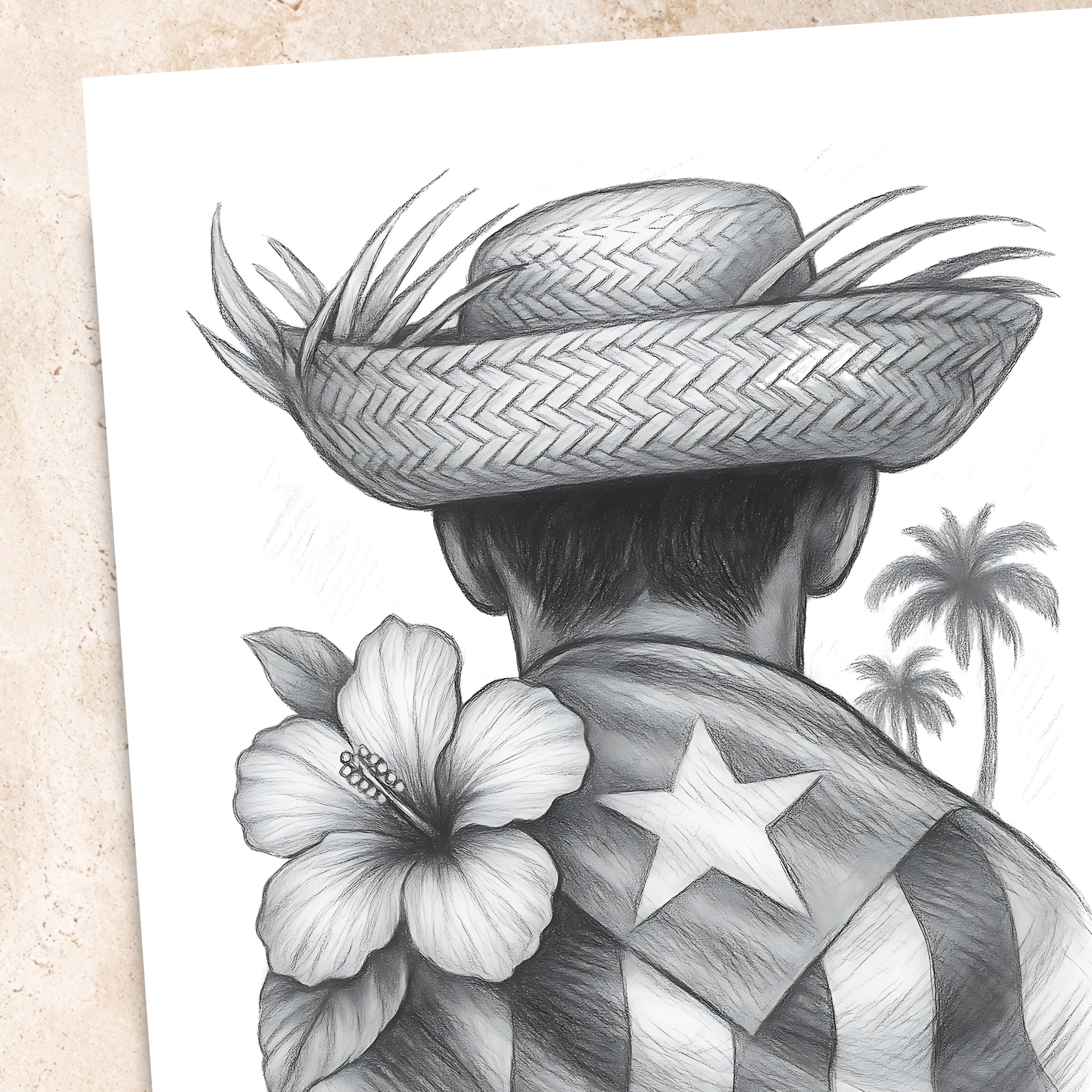 Chévereh black and white art print of a Jíbaro wearing a straw hat and Puerto Rican flag with hibiscus and palms.