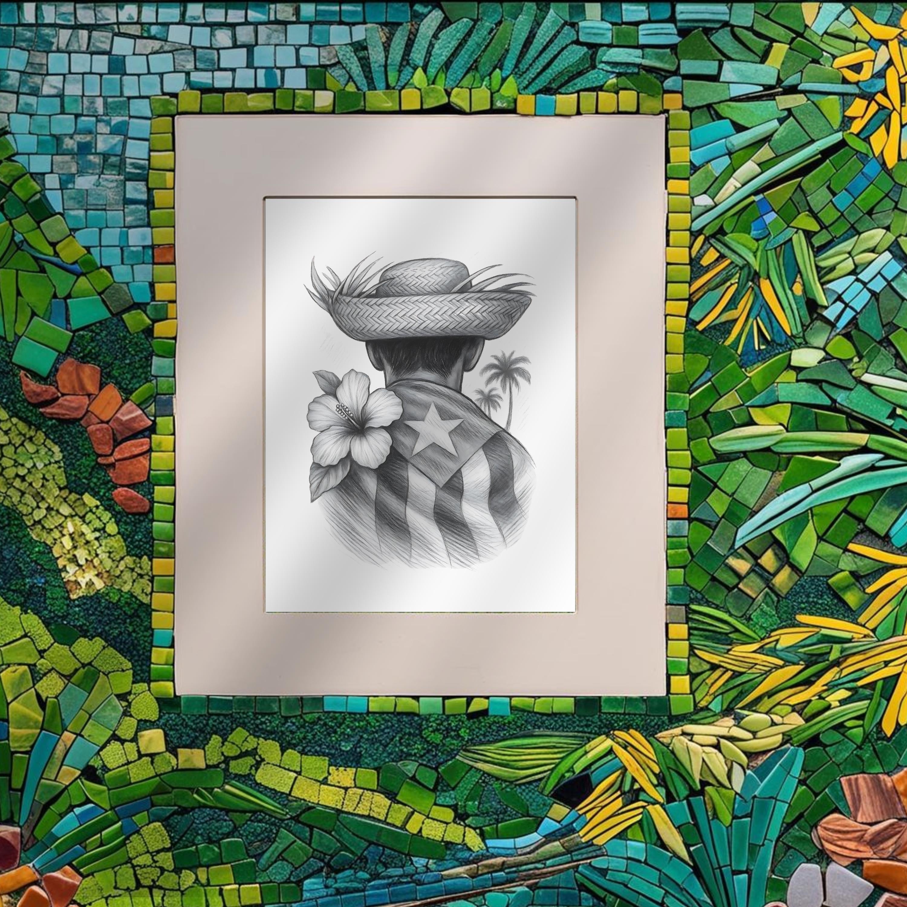 Chévereh Jíbaro Puertorriqueño black and white art print featuring a man in a straw hat with a hibiscus and flag.