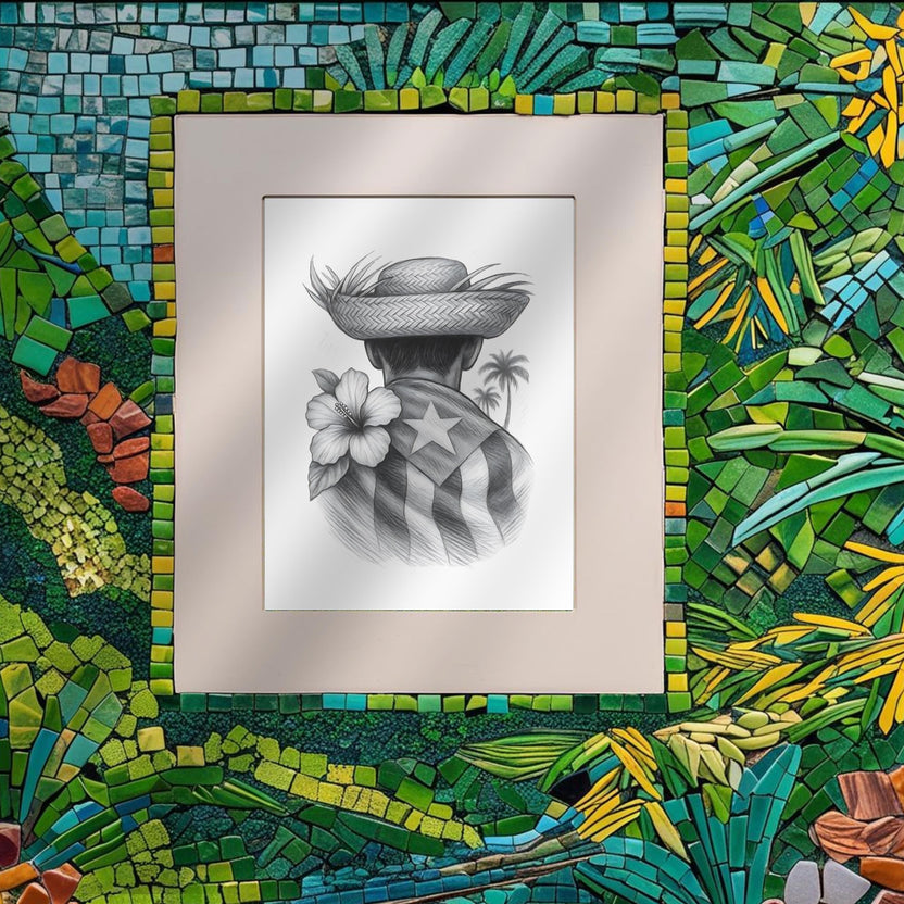 Chévereh Jíbaro Puertorriqueño black and white art print featuring a man in a straw hat with a hibiscus and flag.