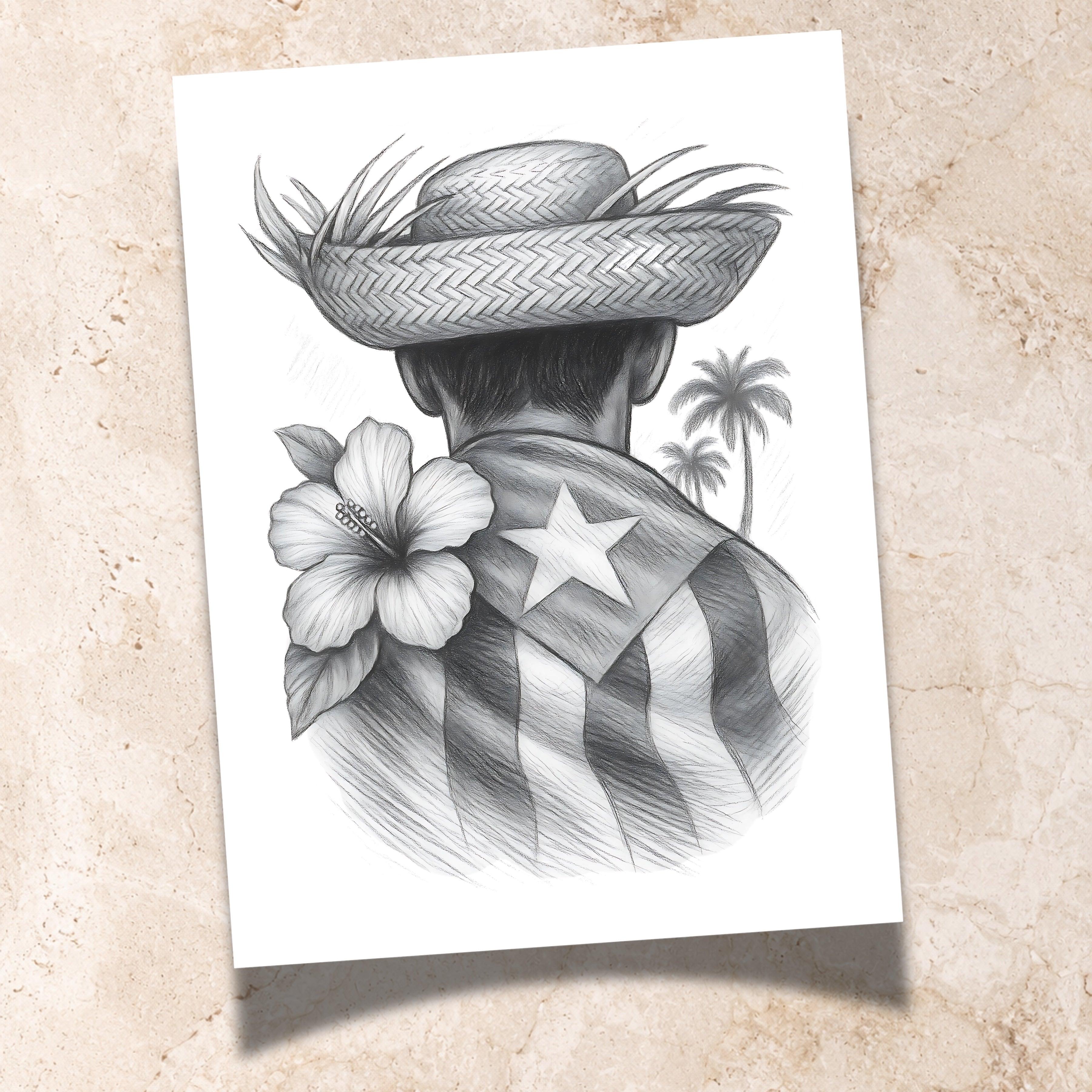 Chévereh black and white art print of a Jíbaro wearing a straw hat and Puerto Rican flag with hibiscus and palms.