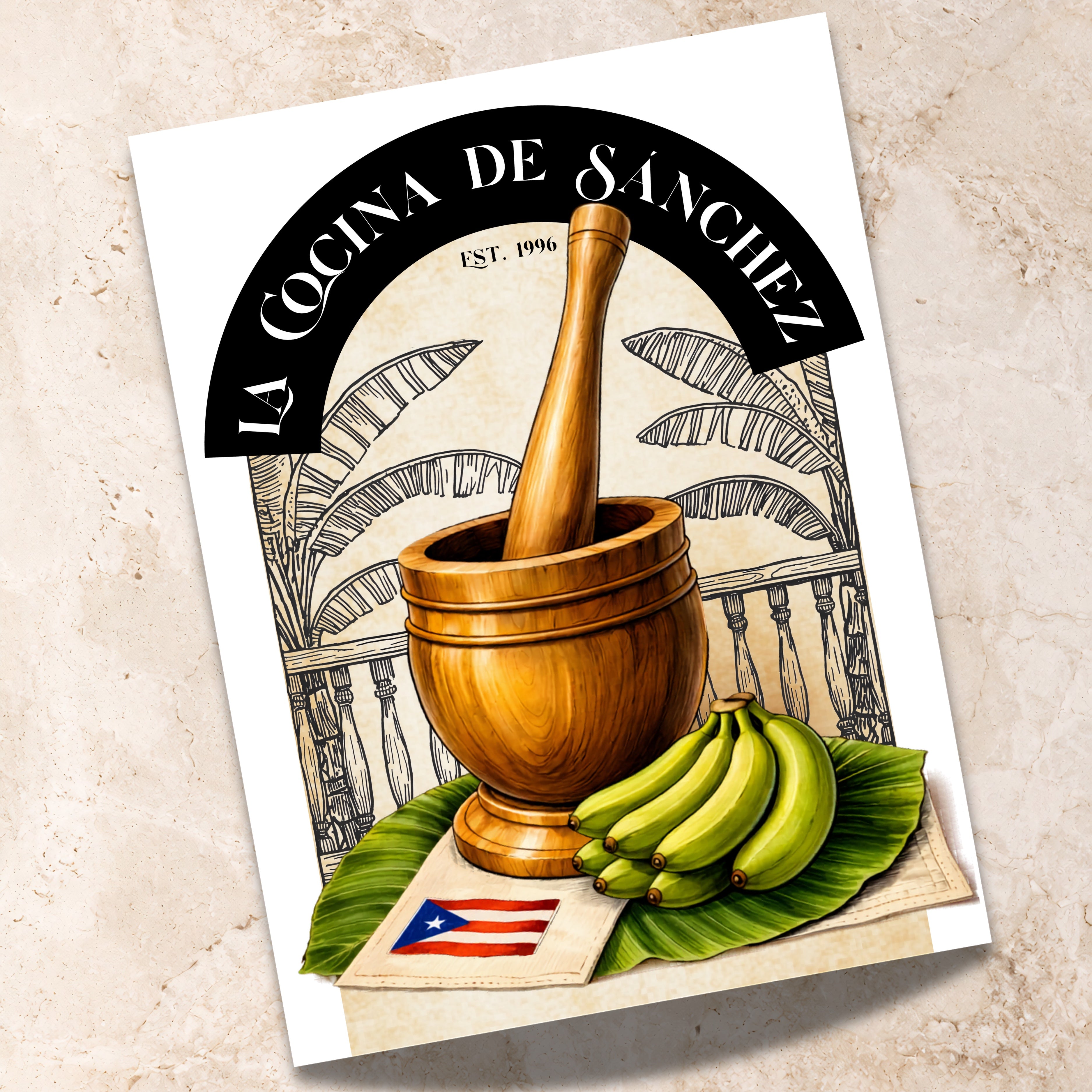 Chévereh Pilón Personalized Kitchen Art digital print featuring a wooden mortar and pestle, plantains, banana leaves, and a Puerto Rican flag.