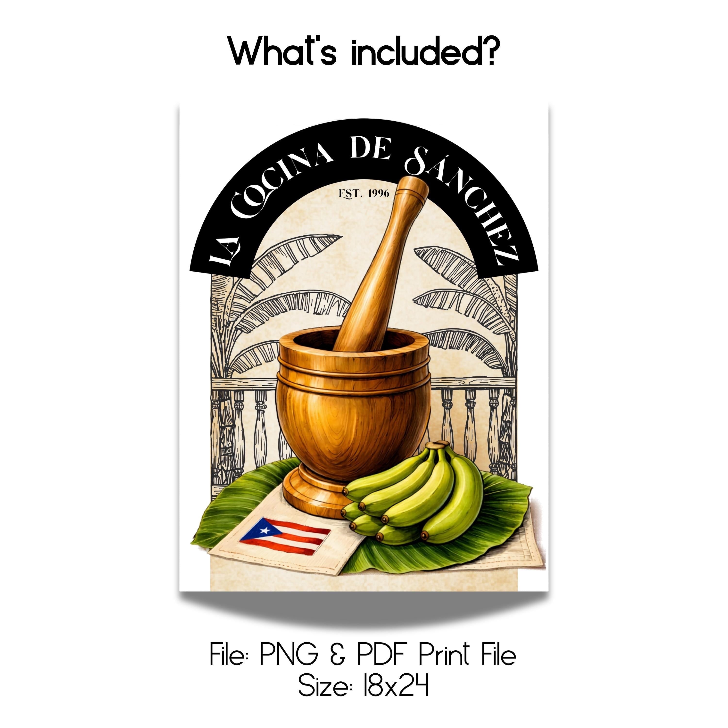 Chévereh Pilón Personalized Kitchen Art digital print featuring a wooden mortar and pestle, plantains, banana leaves, and a Puerto Rican flag.