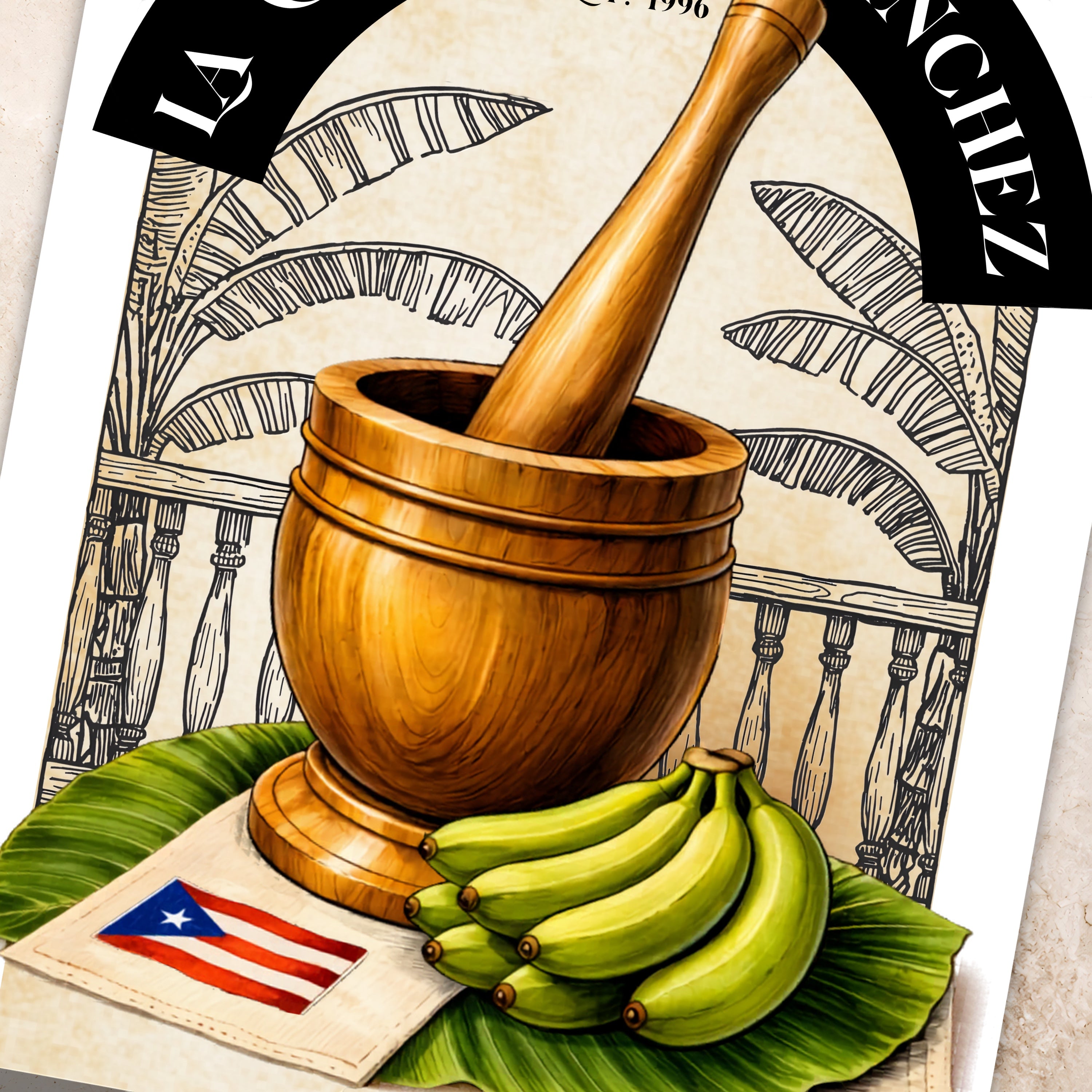Chévereh Pilón personalized kitchen art digital print featuring a wooden mortar and pestle, plantains, banana leaves, and a Puerto Rican flag.