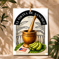 Chévereh Pilón Personalized Kitchen Art digital print featuring a wooden mortar and pestle, plantains, banana leaves, and Puerto Rican flag.