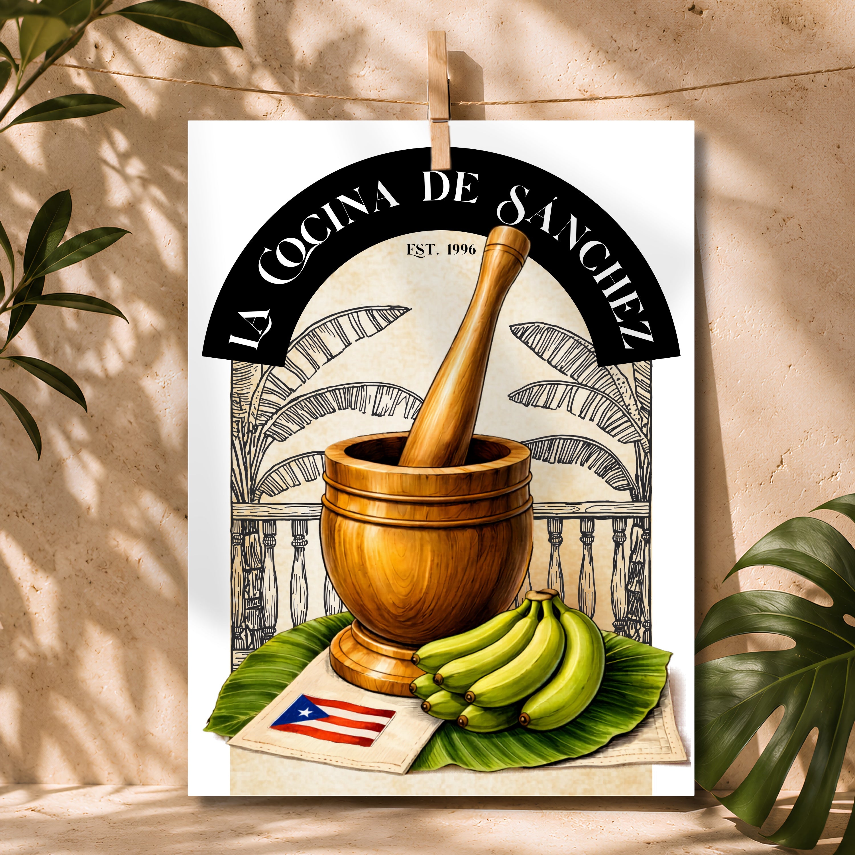 Chévereh Pilón Personalized Kitchen Art digital print featuring a wooden mortar and pestle, plantains, banana leaves, and Puerto Rican flag.