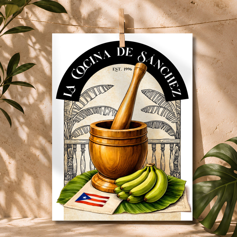 Chévereh Pilón Personalized Kitchen Art digital print featuring a wooden mortar and pestle, plantains, banana leaves, and Puerto Rican flag.