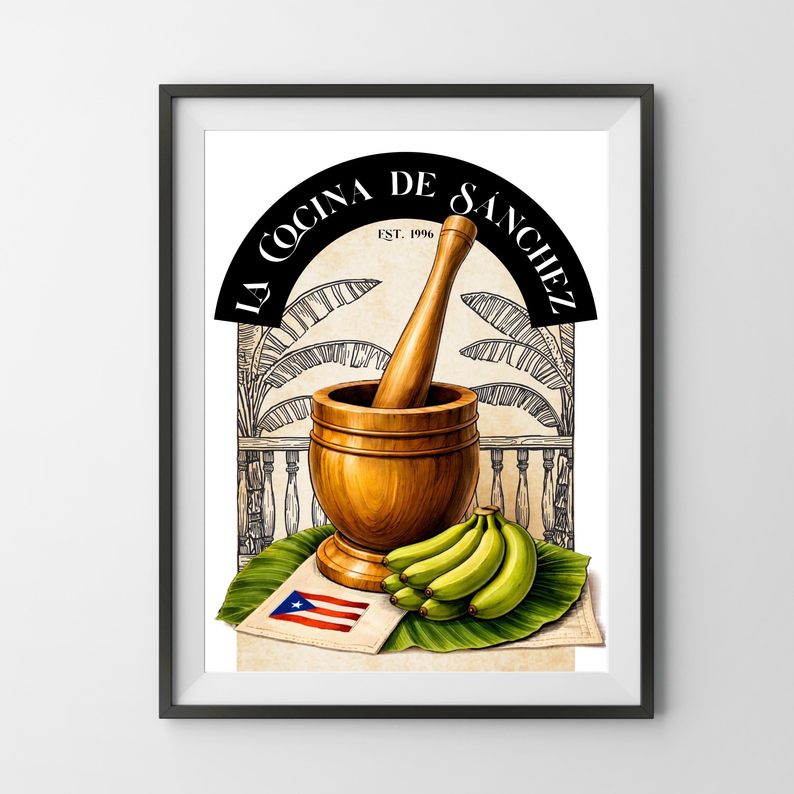 Chévereh Pilón Personalized Kitchen Art Print featuring a wooden mortar and pestle, plantains, banana leaves, and Puerto Rican flag.