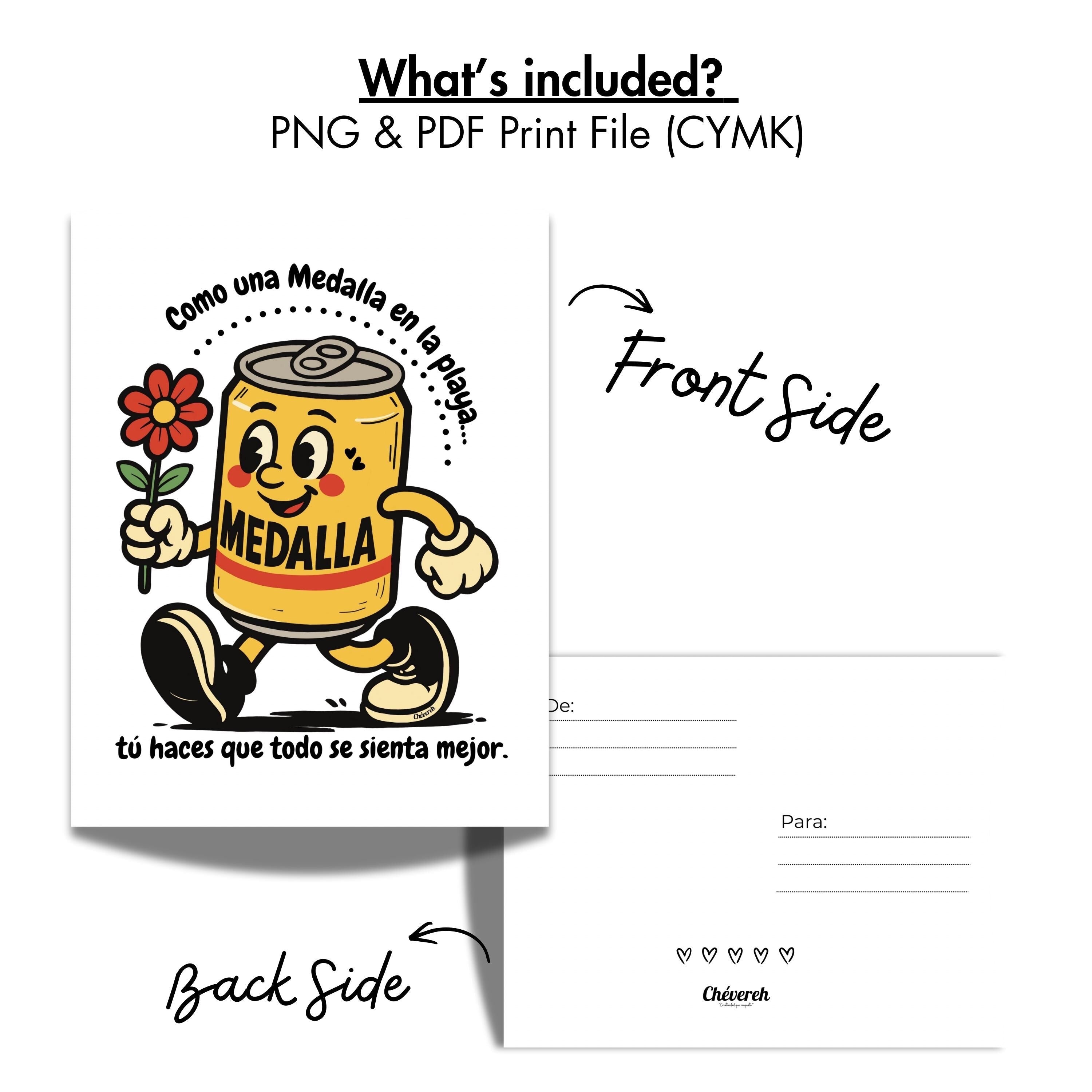 Chévereh digital postcard featuring a cute Medalla beer can character holding a flower with romantic Spanish text.