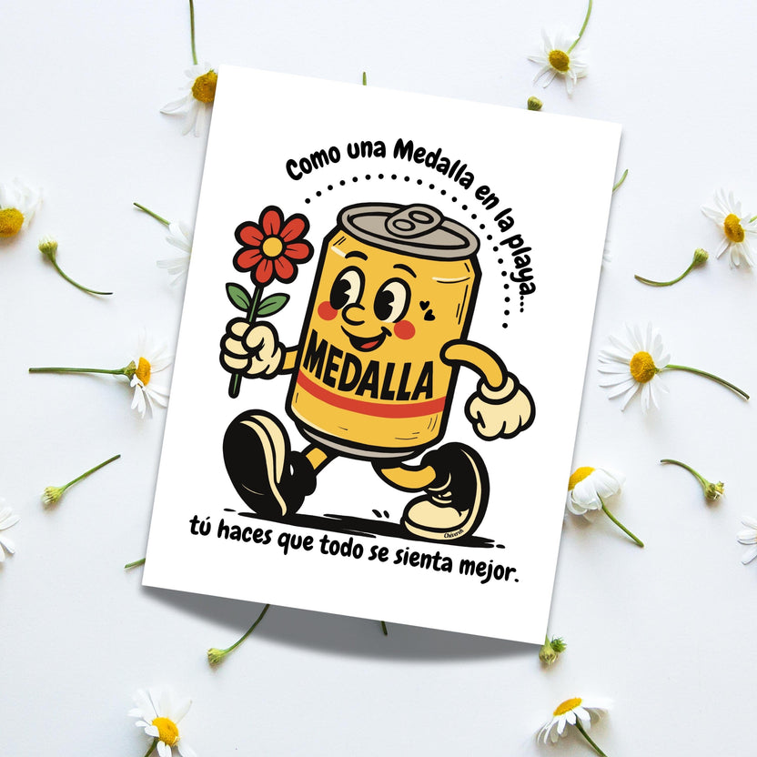Chévereh digital art print featuring a cute Medalla beer can character holding a flower, surrounded by daisies.