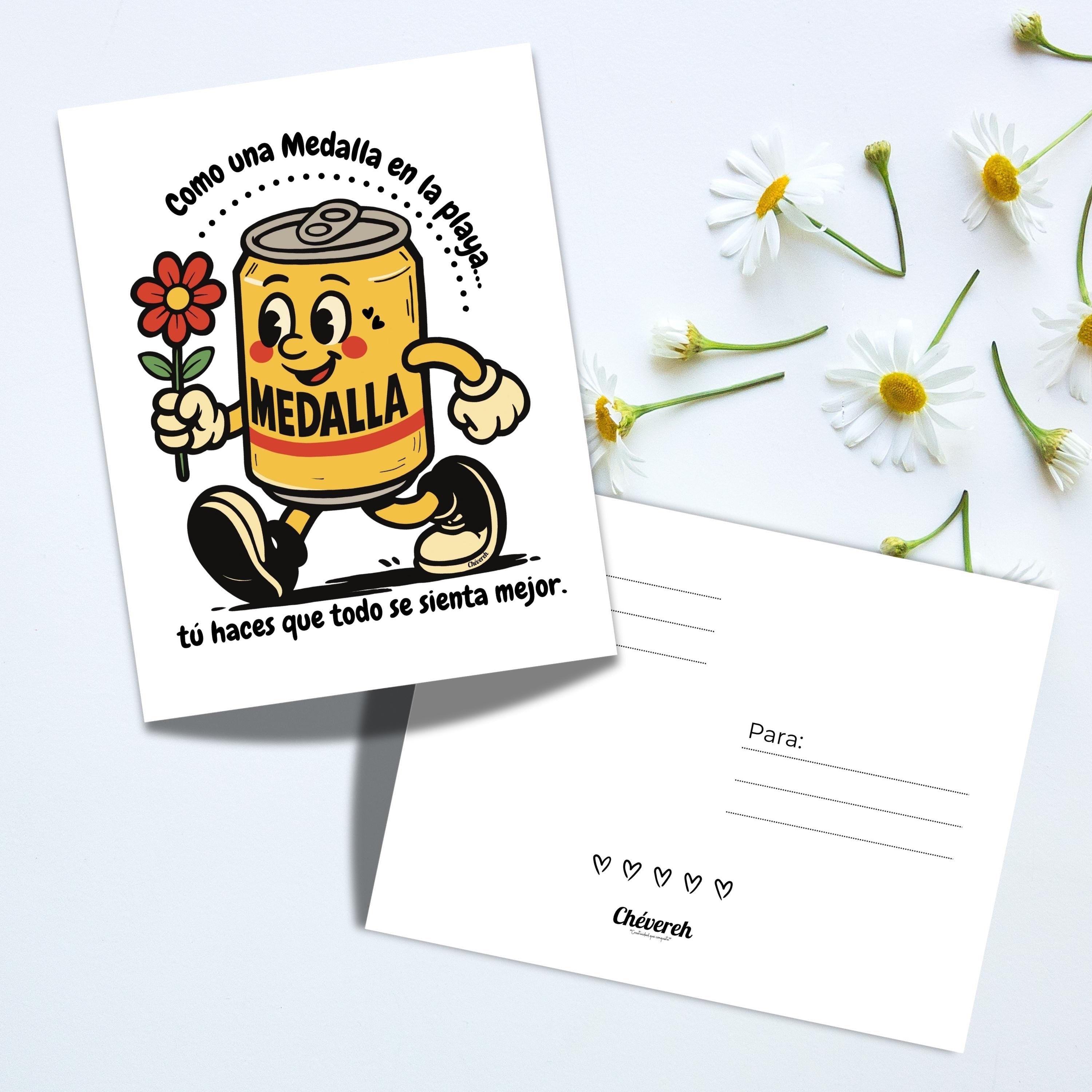 Chévereh digital postcard featuring a cute cartoon Medalla beer can holding a flower with romantic Spanish text.
