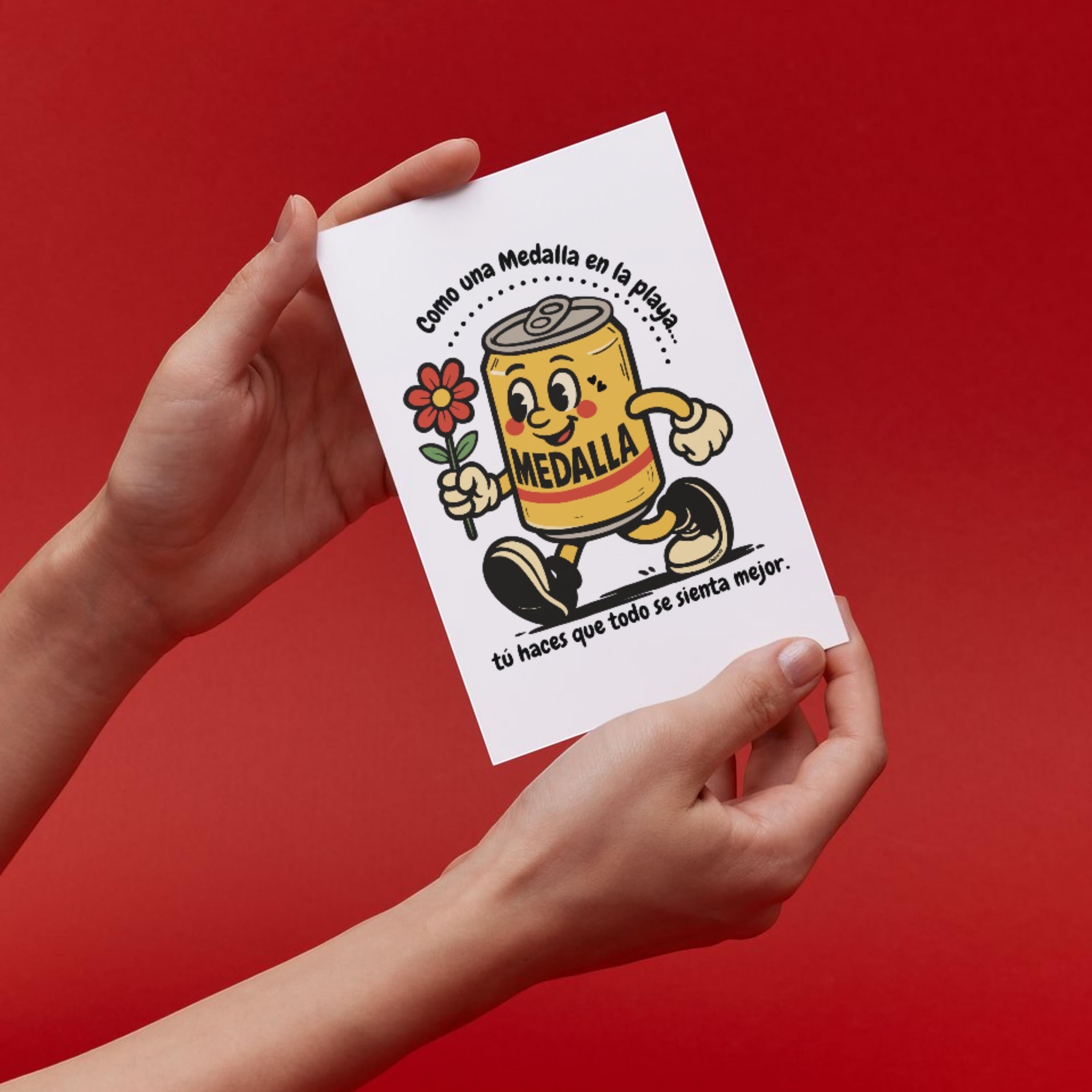 Chévereh digital postcard featuring a cute cartoon Medalla beer can holding a flower on a red background.
