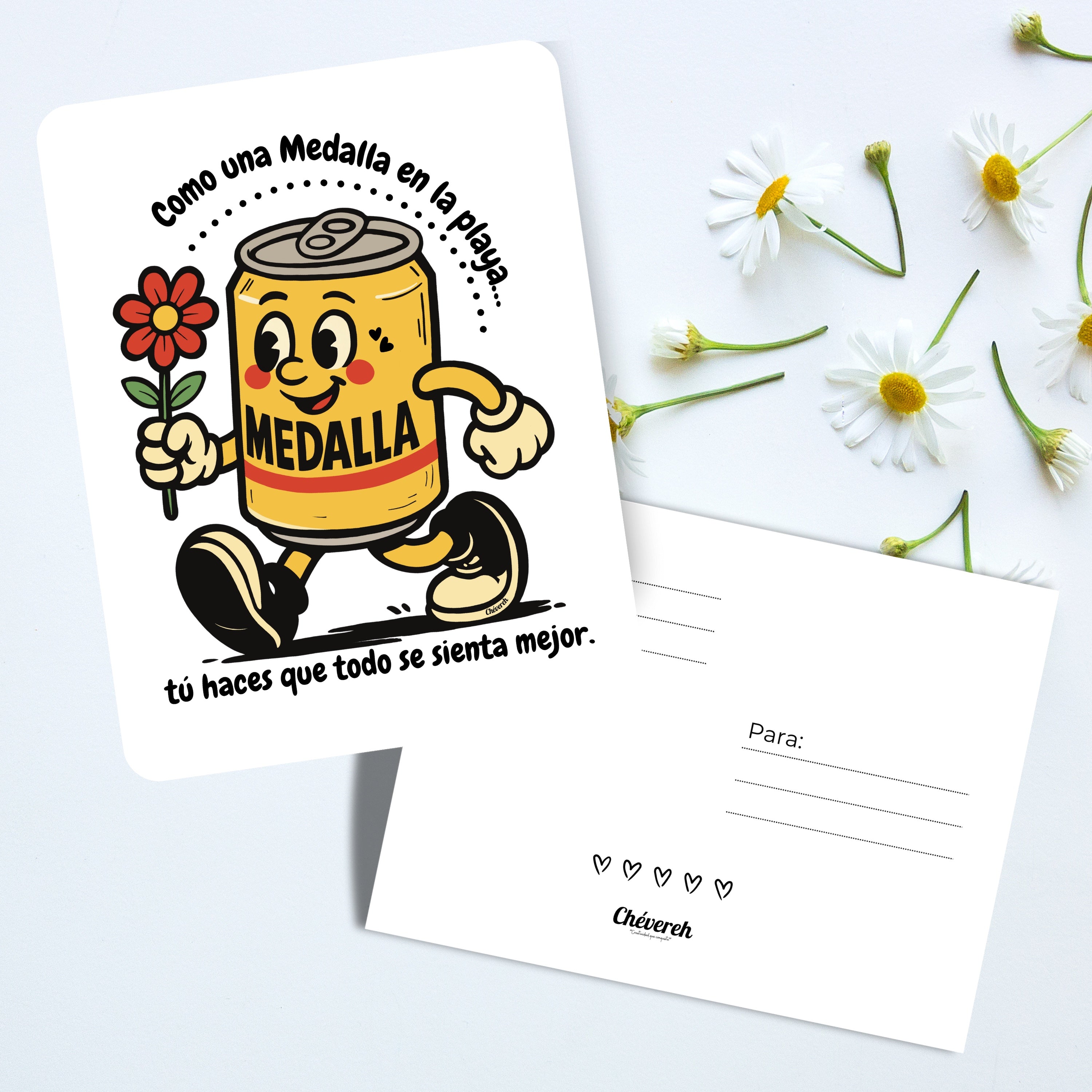 Chévereh 5x7 postcard featuring a cartoon Medalla beer can holding a flower with romantic Spanish text.