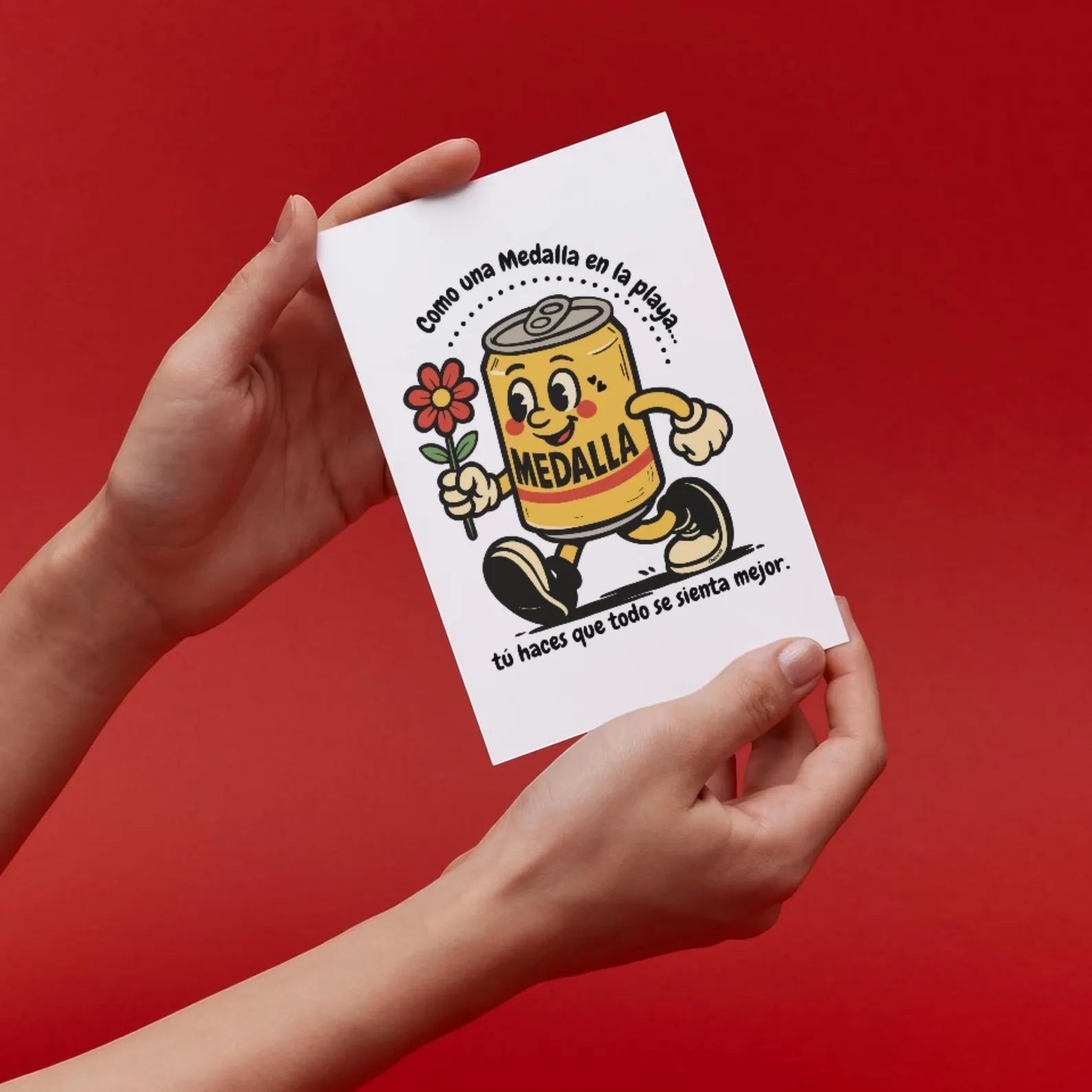 Chévereh postcard featuring a cartoon Medalla beer can holding a flower, on 5x7 cardstock with rounded corners.