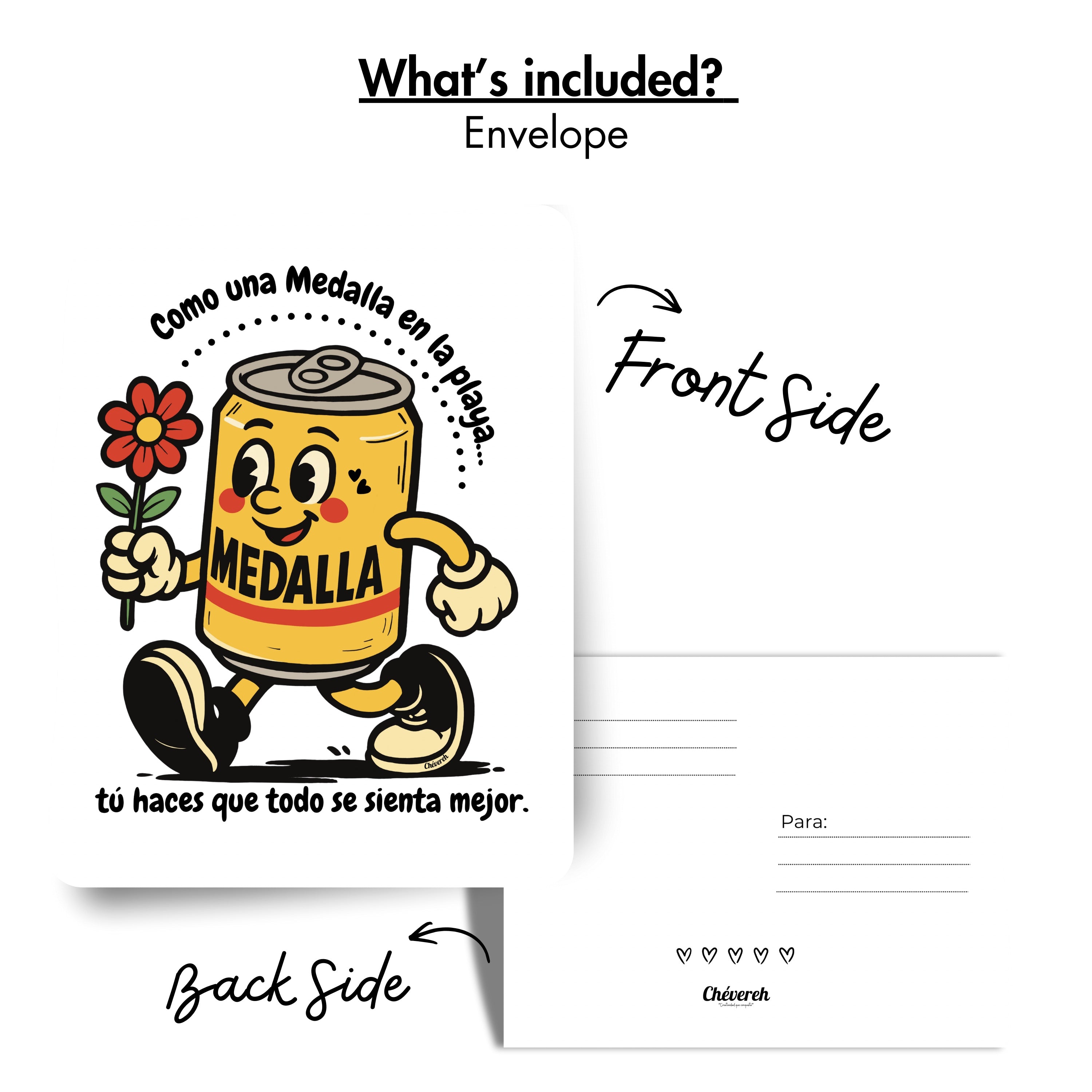 Chévereh 5x7 postcard featuring a cartoon Medalla beer can holding a flower with romantic Spanish text.