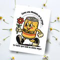 Chévereh 5x7 postcard featuring a cartoon Medalla beer can holding a flower, with romantic Spanish text.