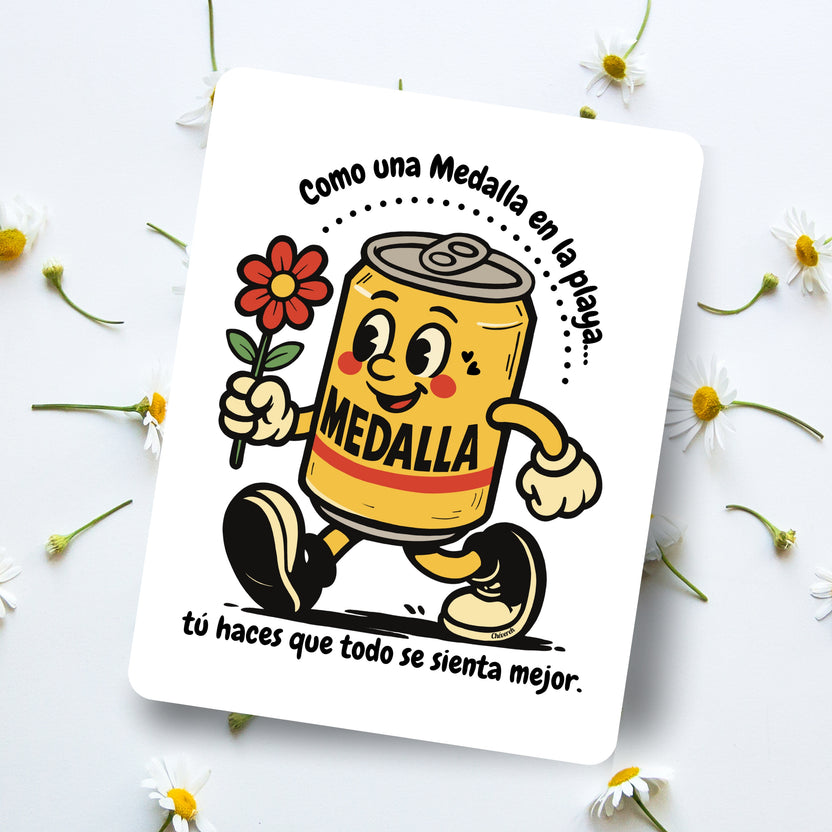 Chévereh 5x7 postcard featuring a cartoon Medalla beer can holding a flower, with romantic Spanish text.