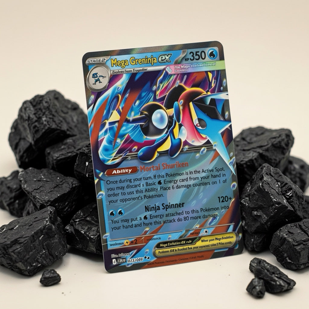 Chévereh Mega Greninja EX 322/086 Full Art Pokémon card with textured holofoil finish displayed among black coal rocks.
